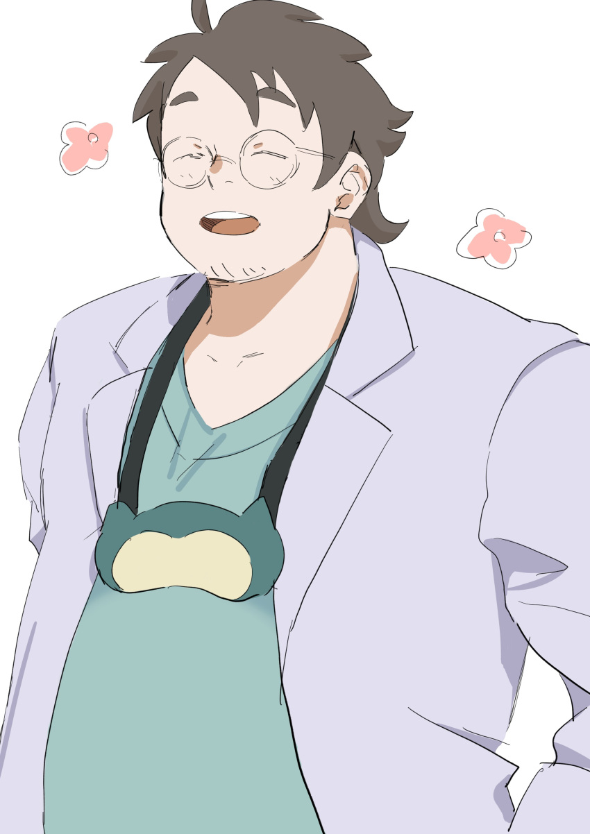 1boy :d absurdres bara belly facial_hair glasses happy_aura heraku_(haga1212) highres lab_coat light_blush male_focus mature_male merchandise neroli_(pokemon) plump pokemon pokemon_(game) pokemon_sleep round_eyewear short_hair sideburns sleep_mask smile snorlax solo stubble thick_eyebrows white_background