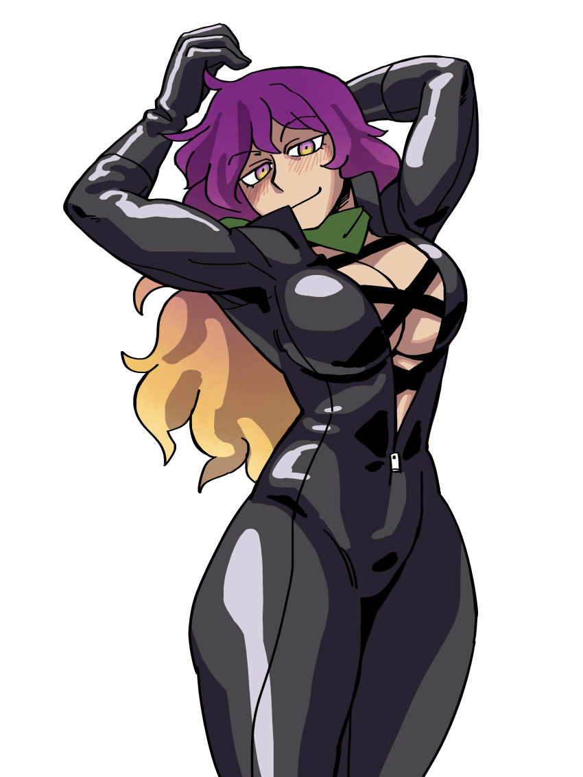 1girl absurdres biker_clothes bikesuit blonde_hair bodysuit breasts cleavage closed_mouth cross-laced_clothes eddybird55555 highres hijiri_byakuren large_breasts looking_at_viewer multicolored_hair purple_eyes purple_hair simple_background solo touhou turbo_byakuren two-tone_eyes two-tone_hair white_background yellow_eyes