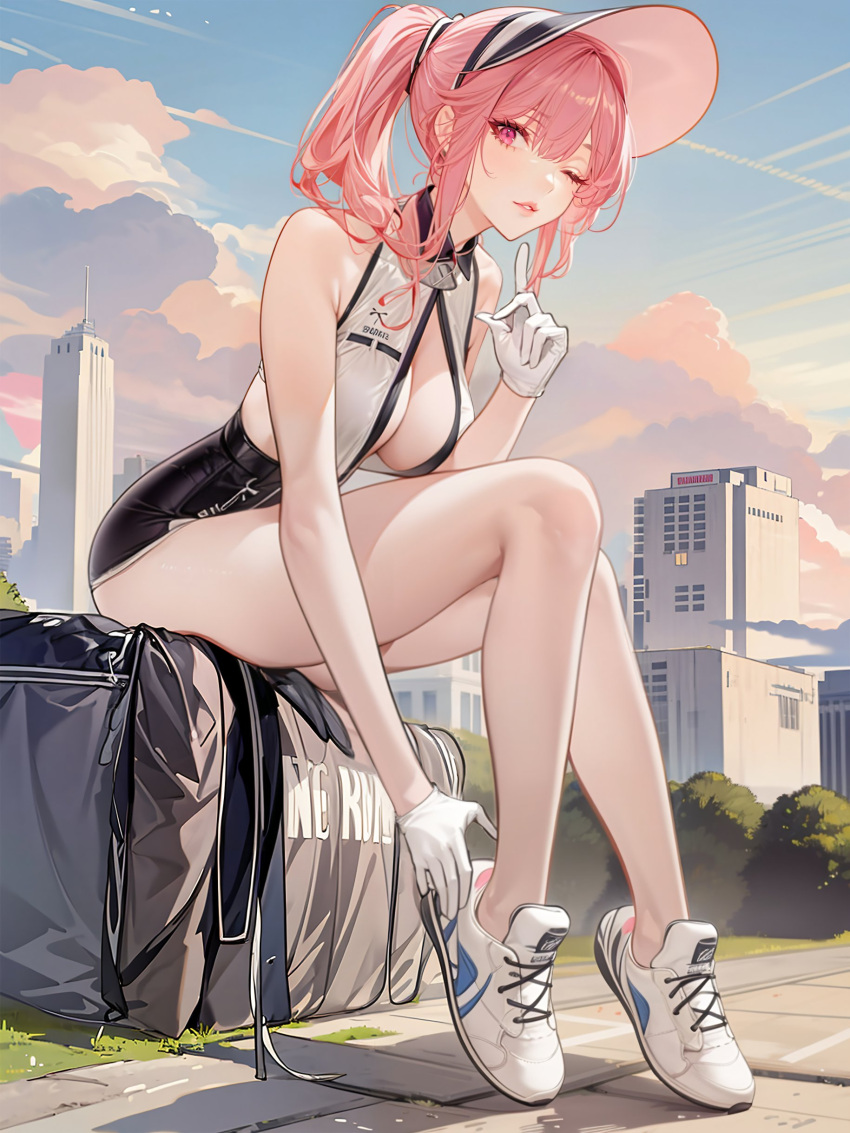 1girl absurdres azur_lane breasts clemenceau_(azur_lane) clemenceau_(splendid_breeze)_(azur_lane) gloves highres long_hair official_alternate_costume one_eye_closed outdoors pink_eyes pink_hair ponytail shoes sideboob sidelocks sitting sneakers solo visor_cap white_gloves zishudongmao