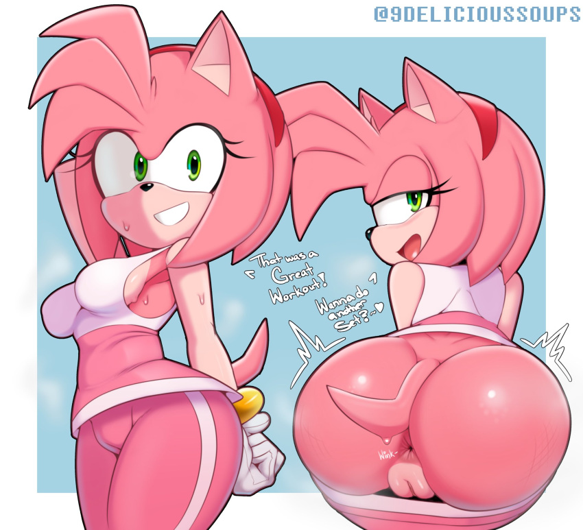 2023 accessory amy_rose anthro anus artist_name bedroom_eyes big_breasts big_butt black_nose bodily_fluids bottomwear bottomwear_down breasts butt clothed clothing delicioussoup dialogue english_text eulipotyphlan eyelashes female genitals green_eyes hair hair_accessory hairband half-closed_eyes hedgehog hi_res looking_at_viewer looking_back mammal narrowed_eyes pants pants_down partially_clothed pink_hair pussy seductive sega shirt short_hair side_boob smile solo sonic_the_hedgehog_(series) sweat text topwear