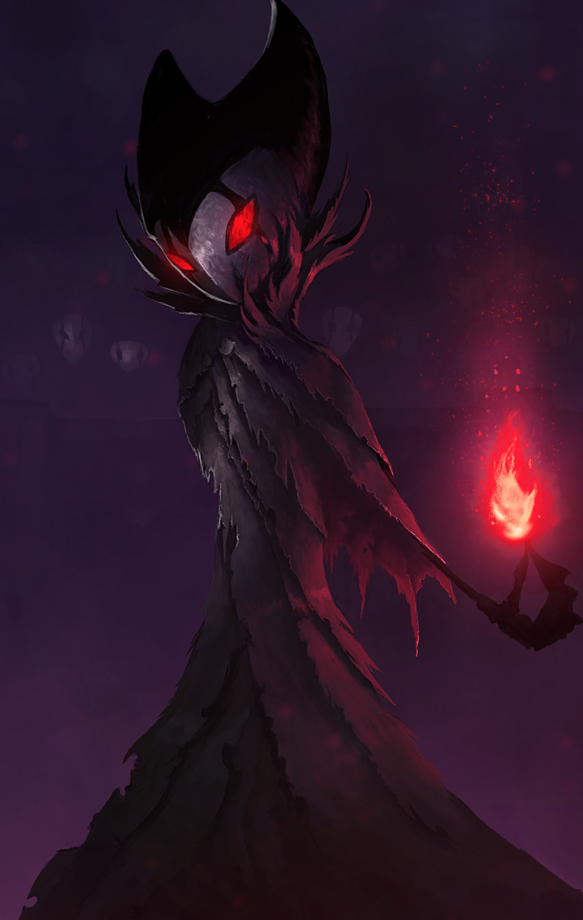 2019 ambiguous_gender animal_humanoid arthropod arthropod_humanoid audience cape cloak clothed clothing detailed_background digital_media_(artwork) digital_painting_(artwork) disembodied_face elemental_manipulation embers empty_eyes fire fire_manipulation fog glowing glowing_eyes grimm_(hollow_knight) group hi_res hollow_knight horn humanoid insect insect_humanoid istrandar light lighting looking_at_viewer magic particles portrait red_eyes skinny solo_focus standing team_cherry