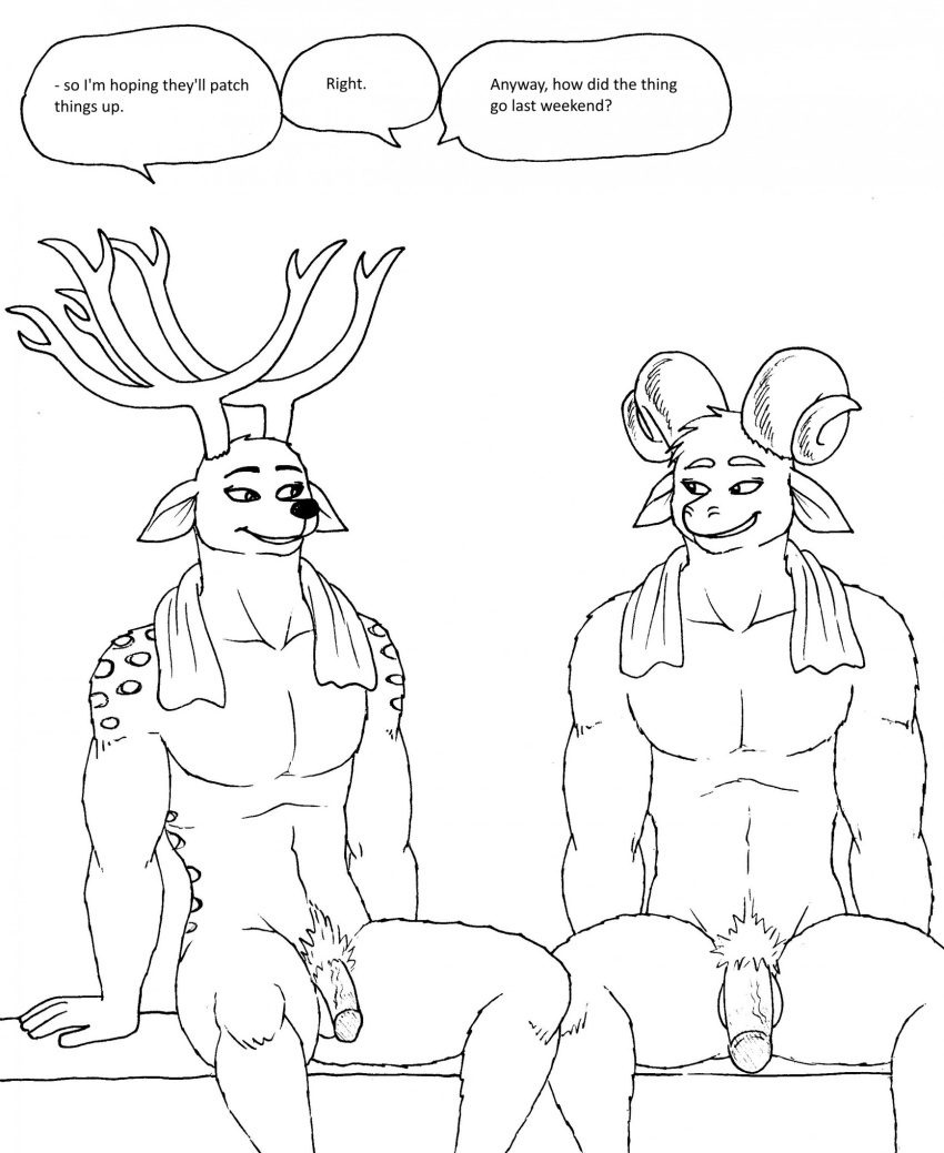 2023 5_fingers anthro antlers balls bernielover bernielover's_college_au bovid caprine casual_nudity deer dialogue duo english_text fingers fur genitals hi_res horn humanoid_genitalia humanoid_hands humanoid_penis male mammal monochrome nude penis pubes sauna sitting smile social_nudity speech_bubble spots spotted_body spotted_fur text towel towel_around_neck whitney_(bernielover)