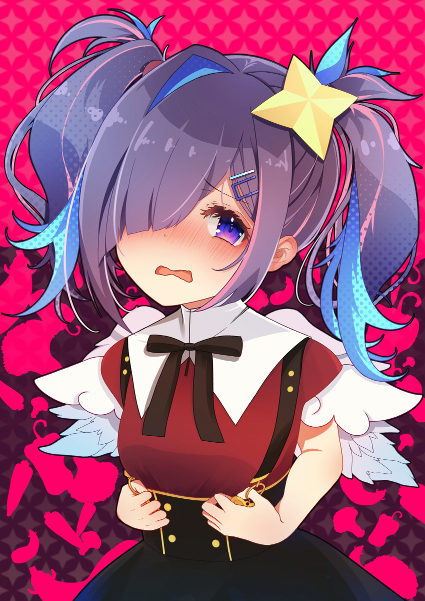 1girl absurdres amane_kanata ame-chan_(needy_girl_overdose) ame-chan_(needy_girl_overdose)_(cosplay) anita_pastorale black_hair black_ribbon black_skirt blue_hair blush collared_shirt commentary_request cosplay feathered_wings frown hair_ornament hair_over_one_eye hairclip highres hololive long_hair looking_at_viewer multicolored_hair neck_ribbon needy_girl_overdose nose_blush open_mouth pink_background purple_eyes red_shirt ribbon shirt shy skirt solo star_(symbol) star_hair_ornament streaked_hair suspender_skirt suspenders twintails virtual_youtuber wavy_mouth white_wings wings