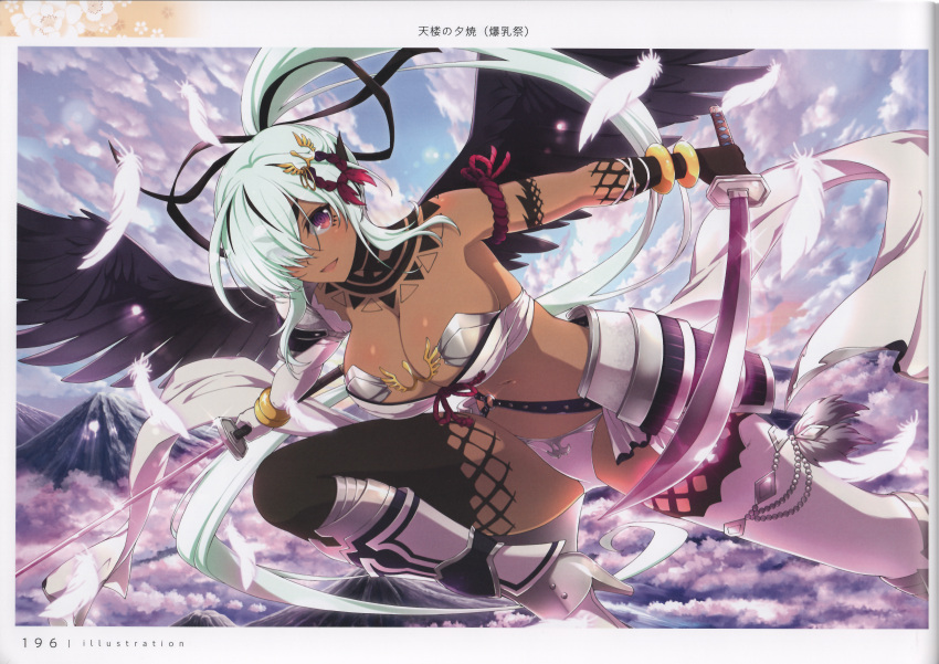 1girl absurdres armor bare_shoulders breasts dark-skinned_female dark_skin dual_wielding faulds hair_over_one_eye highres holding katana large_breasts long_hair looking_at_viewer official_art open_mouth page_number ponytail scan senran_kagura senran_kagura_new_link shiny_skin simple_background smile solo sword thighhighs thighs weapon wings yaegashi_nan