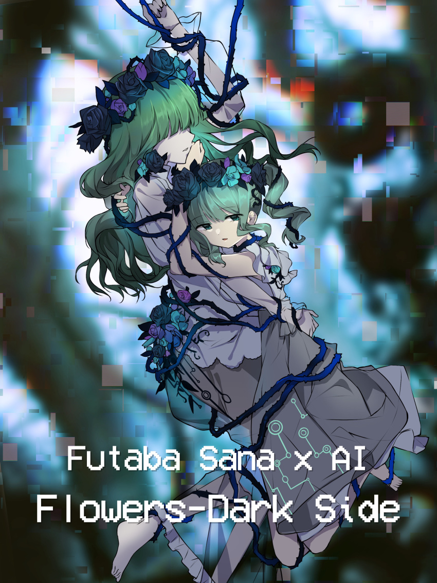 2girls absurdres ai-chan_(madoka_magica) aqua_eyes aqua_flower aqua_hair arm_up bangs barefoot bittersweet_levulose black_flower black_rose blunt_bangs blurry blurry_background bound dot_nose dress english_text flower frilled_dress frills futaba_sana glitch green_hair hand_on_another's_cheek hand_on_another's_face head_wreath highres hug long_dress long_hair long_sleeves magia_record:_mahou_shoujo_madoka_magica_gaiden mahou_shoujo_madoka_magica medium_hair multiple_girls no_eyes parted_lips plant print_dress purple_flower purple_rose rose see-through see-through_sleeves short_sleeves tied_up_(nonsexual) twintails vines wavy_hair white_dress