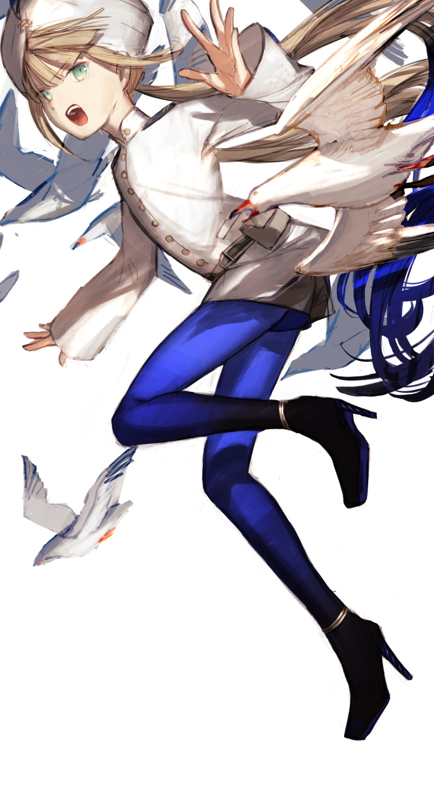 1boy absurdres bird bird_request blue_hair blue_pantyhose brown_hair captain_nemo_(fate) commentary_request fate/grand_order fate_(series) floating_hair from_side full_body glaring gradient_hair gradient_legwear green_eyes grey_shorts high_heels highres jacket long_hair long_sleeves looking_at_viewer looking_to_the_side low_twintails male_focus multicolored_hair nemo_(fate) open_mouth pantyhose pantyhose_under_shorts short_shorts shorts shoulder_boards simple_background solo turban twintails ubwmitekure v-shaped_eyebrows very_long_hair white_background white_headwear white_jacket