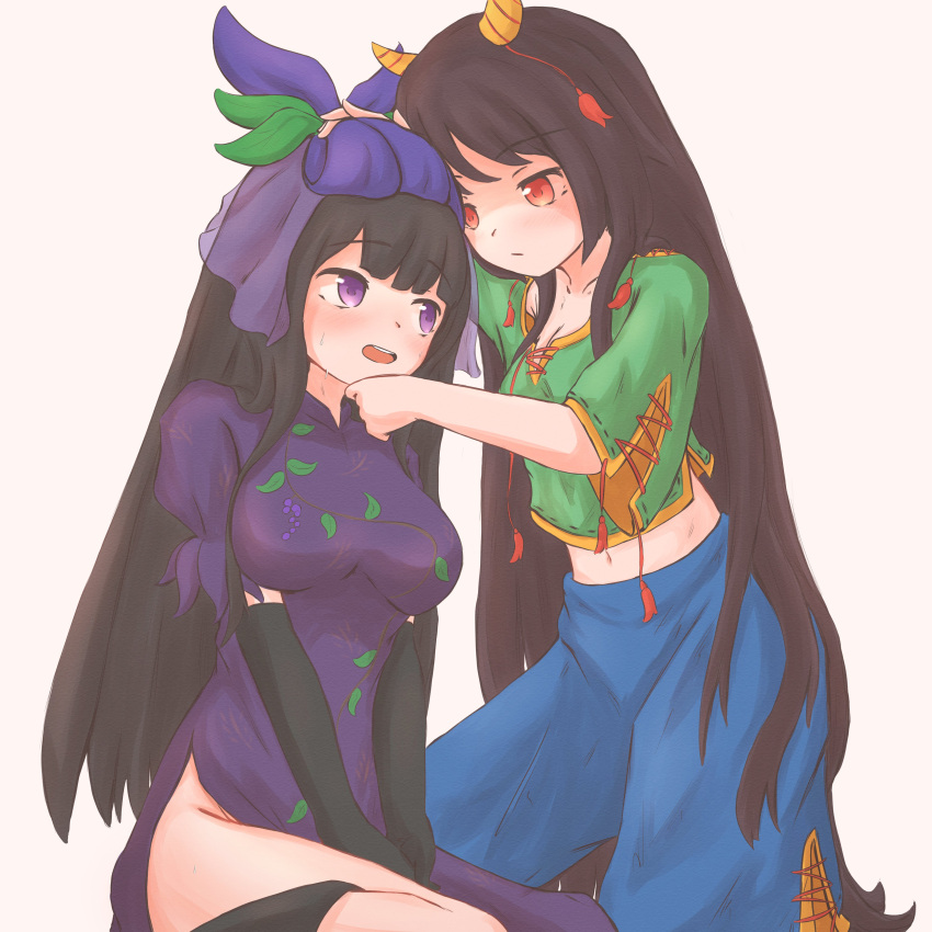 2girls absurdres black_hair blunt_bangs breasts china_dress chinese_clothes dress elbow_gloves floral_print fruit_print gloves grape_print green_shirt highres hime_cut kokowoch leaf_print long_hair looking_at_another multiple_girls nippaku_zanmu orange_eyes purple_dress purple_eyes shirt short_sleeves shy thighs touhou unfinished_dream_of_all_living_ghost vine_print white_background yomotsu_hisami yuri