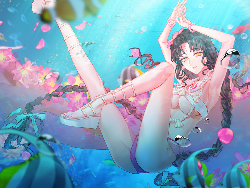 1girl air_bubble arms_up bamcream bikini black_hair bracelet braid breasts bubble chest_tattoo closed_mouth commentary earrings facial_mark fate/grand_order fate_(series) fingernails fish flower foot_out_of_frame forehead_mark hair_flower hair_ornament hair_ribbon jewelry large_breasts leg_up long_hair looking_at_viewer mudra multicolored_hair nail_polish necklace panties pantyshot parted_bangs pearl_bracelet pearl_earrings pearl_necklace petals pink_flower pink_hair pink_nails pink_panties pink_sarong platform_footwear platform_heels ribbon seashell sessyoin_kiara sessyoin_kiara_(swimsuit_mooncancer) sessyoin_kiara_(swimsuit_mooncancer)_(first_ascension) shell shell_necklace smile solo streaked_hair swimsuit tattoo toenail_polish toenails twin_braids underboob underwater underwear very_long_hair vitarka_mudra water white_bikini white_ribbon yellow_eyes