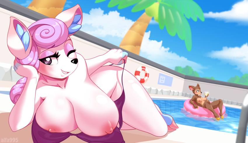 &lt;3 &lt;3_eyes 2023 alfa995 animal_crossing anthro areola artist_name big_breasts bikini blue_sky breasts clothing cloud deer diana_(animal_crossing) digital_media_(artwork) duo eyelashes fauna_(animal_crossing) female hair hi_res holding_object hooves inflatable inner_tube looking_at_viewer lying mammal nintendo nipples on_side one_eye_closed outside pink_hair sky solo_focus swimming_pool swimwear water wink winking_at_viewer