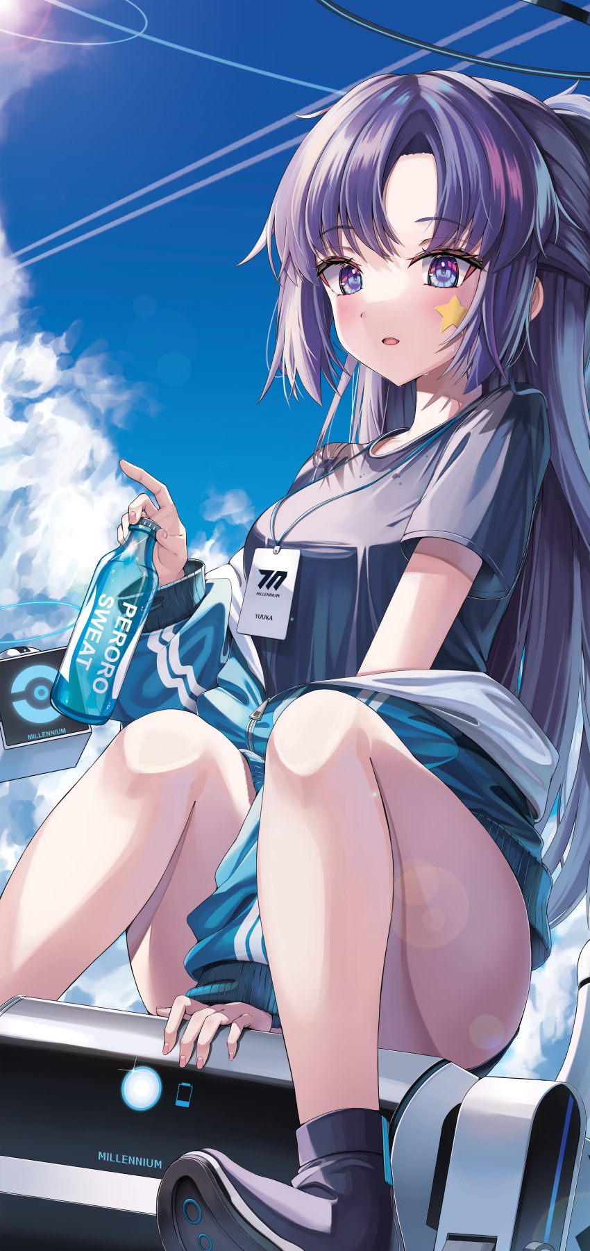 1girl :d absurdres alter_(kxk7357) black_footwear black_shirt blue_archive blue_buruma blue_eyes blue_hair blue_jacket blue_sky blush bottle breasts buruma can cloud commentary_request contrail cooler facial_tattoo halo highres holding holding_bottle jacket long_hair long_sleeves open_mouth outdoors shirt short_sleeves side_ponytail sitting sky smile star_tattoo tattoo thighs yuuka_(blue_archive)
