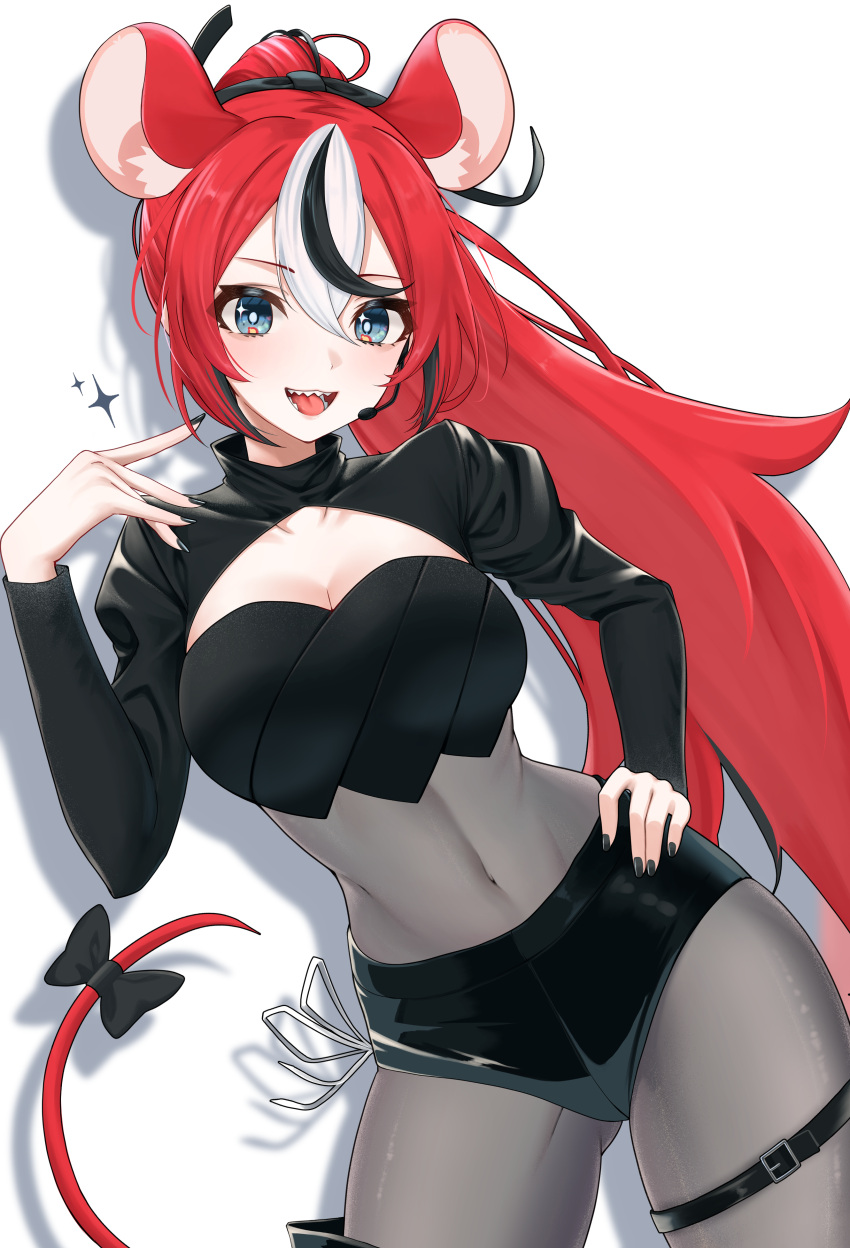 1girl :d absurdres animal_ear_fluff animal_ears black_nails black_shorts blackberry_baelz blue_eyes bodystocking breasts contrapposto covered_navel cowboy_shot crop_top food hair_ribbon hakos_baelz hand_on_own_hip high_ponytail highres hololive hololive_english large_breasts long_hair looking_at_viewer mintz912 mouse_ears mouse_girl mouse_tail nail_polish open_mouth ribbon sharp_teeth short_shorts shorts shrug_(clothing) smile solo steak tail teeth thigh_strap very_long_hair virtual_youtuber