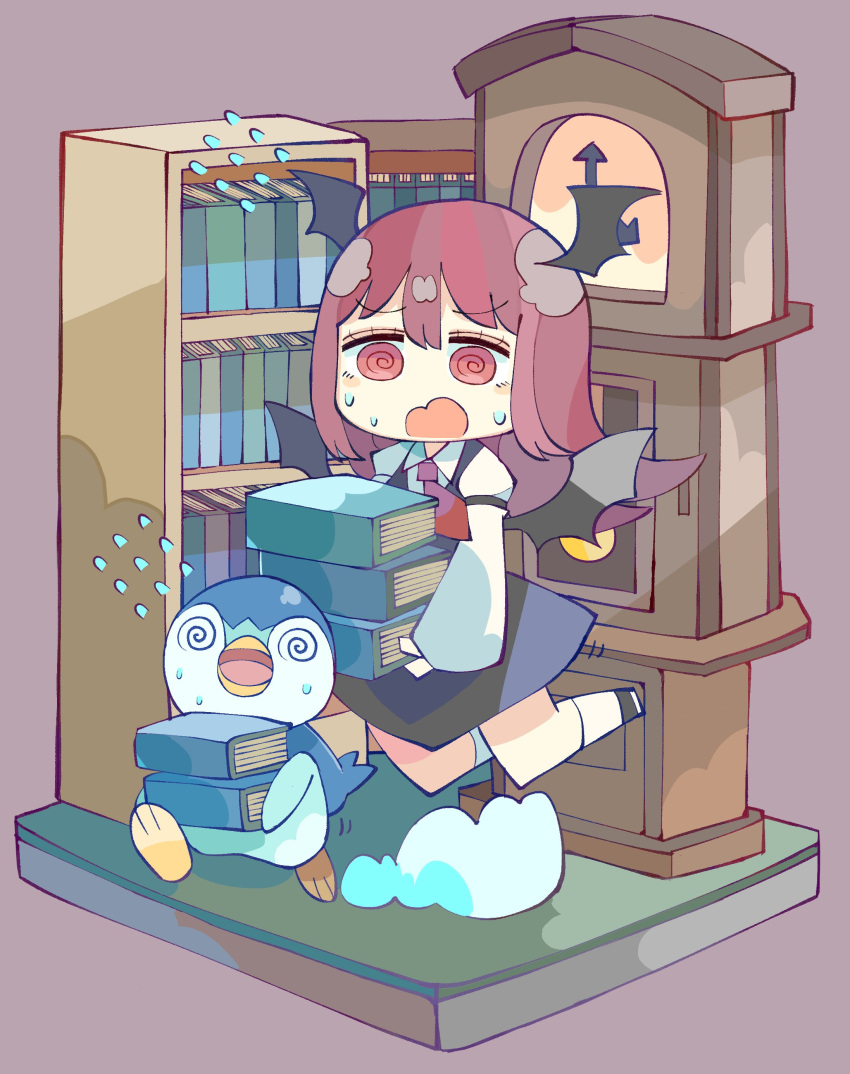 1girl @_@ absurdres baron_(x5qgeh) black_wings blush book bookshelf collared_shirt crossover demon_wings flying_sweatdrops head_wings highres holding holding_book koakuma long_hair long_sleeves necktie open_mouth piplup pokemon red_eyes red_hair red_necktie red_skirt red_vest shirt skirt sleeve_garter solo touhou vest white_shirt wings