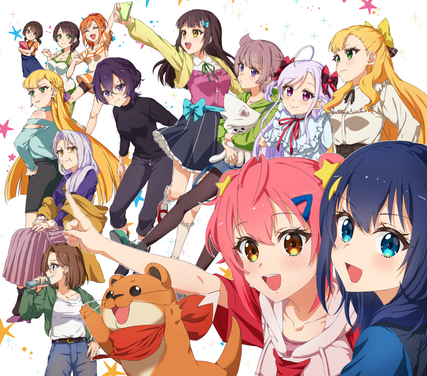 ahoge belt black_hair blonde_hair blue_eyes blue_hair braid breasts brown_hair cellphone closed_eyes collarbone earrings everyone ferret glasses green_eyes hair_ornament hair_ribbon highres hiiragi_noa jacker jewelry kamayashiki_ikuko kathrina_griebel kudou_hana long_hair looking_at_viewer mature_female medium_breasts medium_hair mother_and_daughter nanase_chikage niizuma_yae old old_woman ootori_kokona open_mouth orange_hair pants phone purple_eyes purple_hair red_eyes red_hair ribbon sasuga_chisa scarf selfie shirt shizuka_(world_dai_star) shoes short_hair simple_background skirt smartphone smile star_(symbol) star_hair_ornament stuffed_toy teeth terehara_mihiro theresa_griebel upper_teeth_only very_long_hair white_background world_dai_star yamabuki_shamo yanagiba_panda yellow_eyes yopio_(sokryopi)