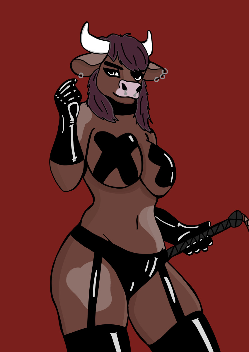 absurd_res angry anthro big_breasts bovid bovine breasts brown_body brown_fur cattle clothing dominant dominant_female ear_piercing facial_piercing female fur gloves hair handwear hi_res latex latex_gloves latex_stockings latex_thigh_highs looking_at_viewer mammal nose_piercing p999b panties pasties piercing pink_nose pinup pose purple_hair solo solo_focus thick_thighs underwear whip