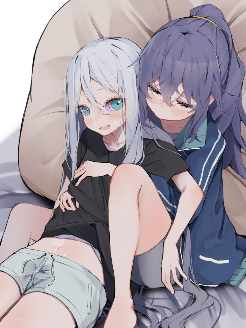 2girls absurdres asahina_mafuyu black_shirt blue_eyes blue_hair blue_jacket blush closed_eyes commentary_request hair_between_eyes highres hug hug_from_behind jacket long_hair long_sleeves multiple_girls navel pillow ponytail project_sekai shirt short_sleeves shorts sitting t-shirt thighs track_jacket tsune_(tune) white_shorts yoisaki_kanade yuri