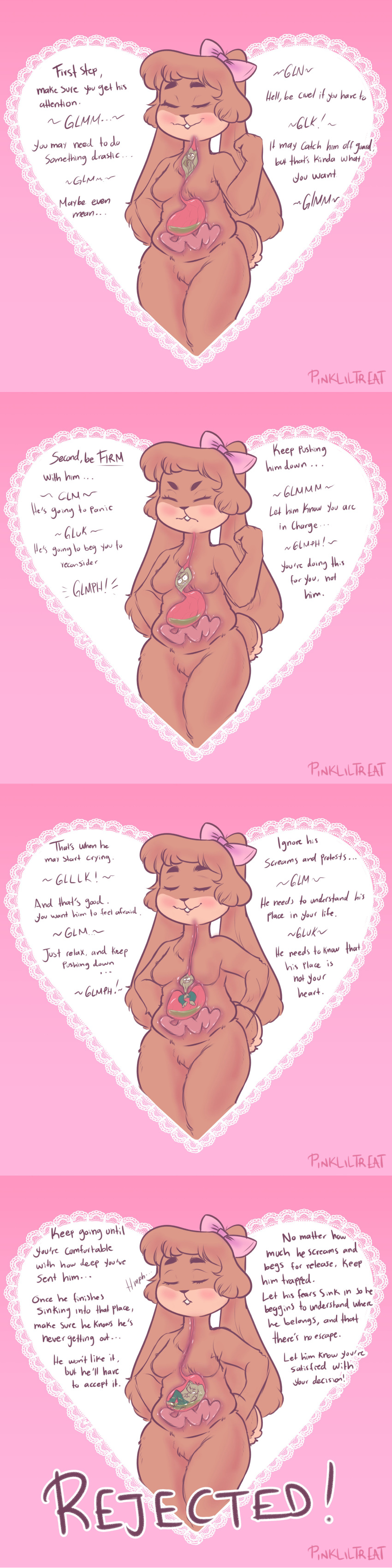 absurd_res accessory anthro blush bodily_fluids bow_ribbon breasts brown_body brown_fur brown_hair cannibalism duo extreme_size_difference featureless_breasts female female_pred fist floppy_ears fur guts hair hair_accessory hair_bow hair_ribbon hand_on_hip hands_on_hips hi_res hmph in_throat innuendo internal intestines lagomorph larger_anthro larger_female larger_pred leporid long_image lop_ears male male_prey mammal medium_breasts oral_vore organs pinkliltreat rabbit ribbons scared sequence size_difference slightly_chubby smaller_anthro smaller_male smaller_prey smile stomach stomach_acid straining struggling struggling_prey swallowing swallowing_sound_effect tall_image trent_(gunmouth) vore