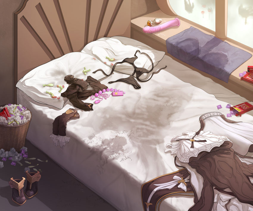 absurdres after_sex anal_beads bed bed_sheet black_bra black_footwear black_panties bra bra_removed butt_plug chinese_commentary clothes_removed condom condom_box condom_wrapper dildo egg_vibrator elbow_gloves galleon_(granblue_fantasy) gloves gloves_removed granblue_fantasy handprint highres indoors lipstick_mark mixed-language_commentary no_humans okamoto_condoms panties panties_removed pillow sex_toy shoes shoes_removed stained_sheets thighhighs_removed towel trash_can underwear used_condom used_tissue vibrator yomigaeru