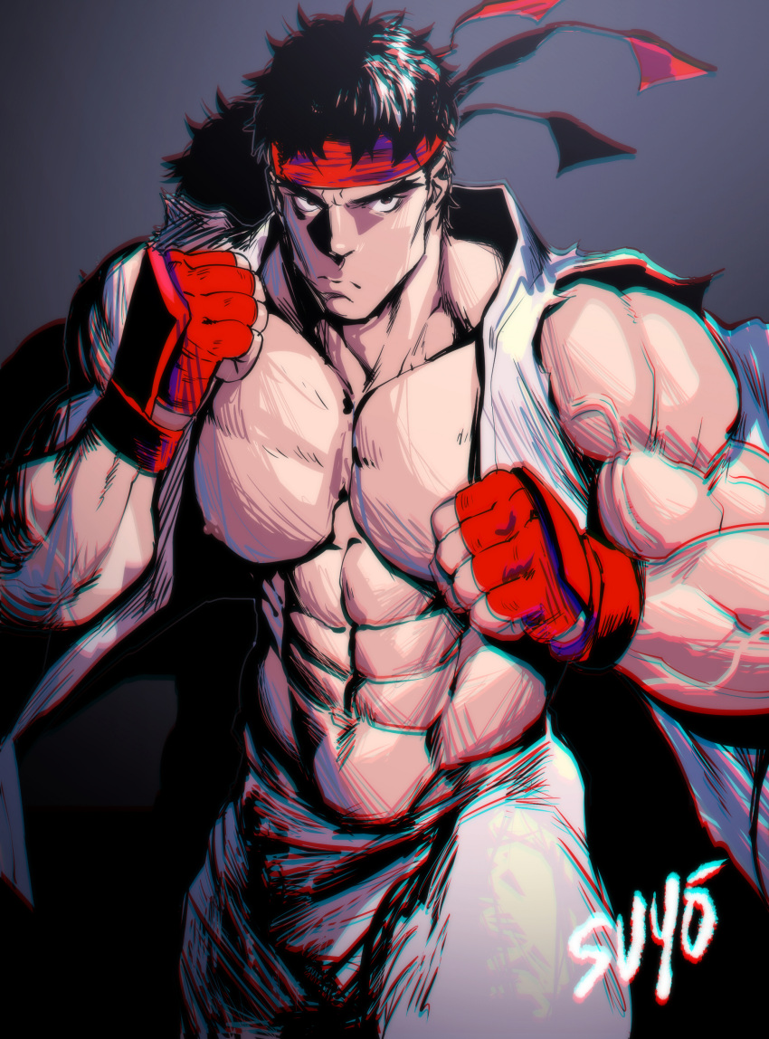 1boy abs absurdres bara bare_pectorals black_hair boxing_gloves dougi feet_out_of_frame fingerless_gloves gloves headband highres large_pectorals looking_at_viewer male_focus mature_male muscular muscular_male navel nipples pectorals red_headband ryu_(street_fighter) short_hair sleeveless solo stomach street_fighter strongman_waist suyohara thick_eyebrows veins veiny_arms