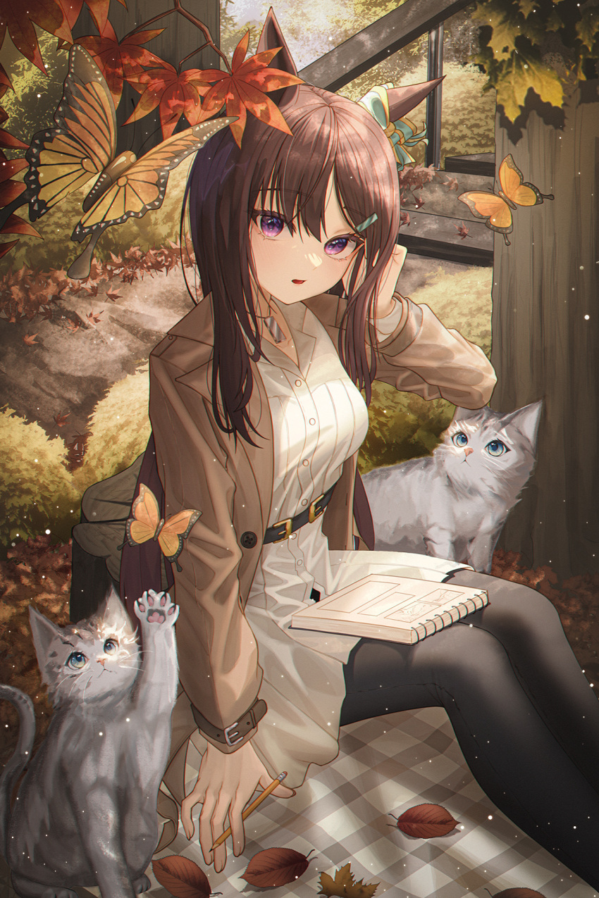 1girl alternate_costume animal_ears autumn autumn_leaves black_pantyhose bow brown_hair brown_jacket bug butterfly cat commentary dress ear_bow hair_ornament hairclip highres holding holding_pencil horse_ears horse_girl horse_tail jacket jewelry long_hair mejiro_dober_(umamusume) necklace notebook on_ground open_clothes open_jacket open_mouth pantyhose pencil purple_eyes rang_c sitting solo symbol-only_commentary tail umamusume white_dress