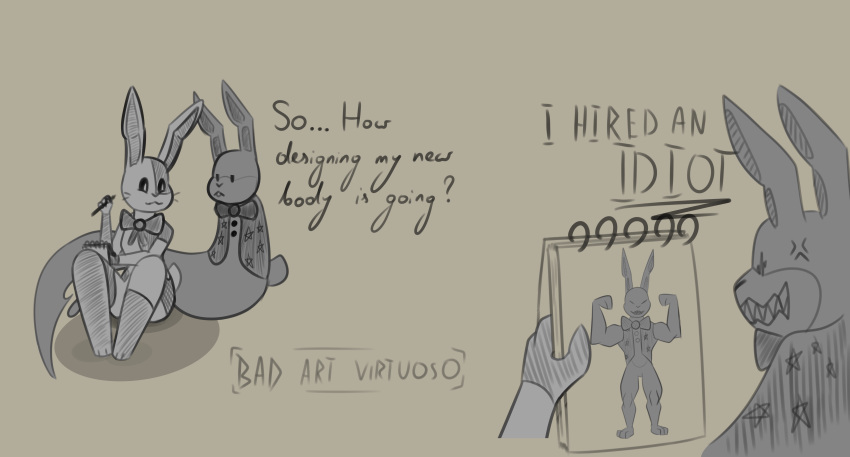 absurd_res angry anthro badartvirtuoso bow_tie clothing cross-popping_vein dialogue duo female five_nights_at_freddy's five_nights_at_freddy's:_security_breach fnaf_vr_help_wanted glitchtrap hi_res lagomorph leporid male mammal notebook rabbit ribbons scottgames simple_background simple_coloring sitting steel_wool_studios text topwear vanny_(fnaf) vest