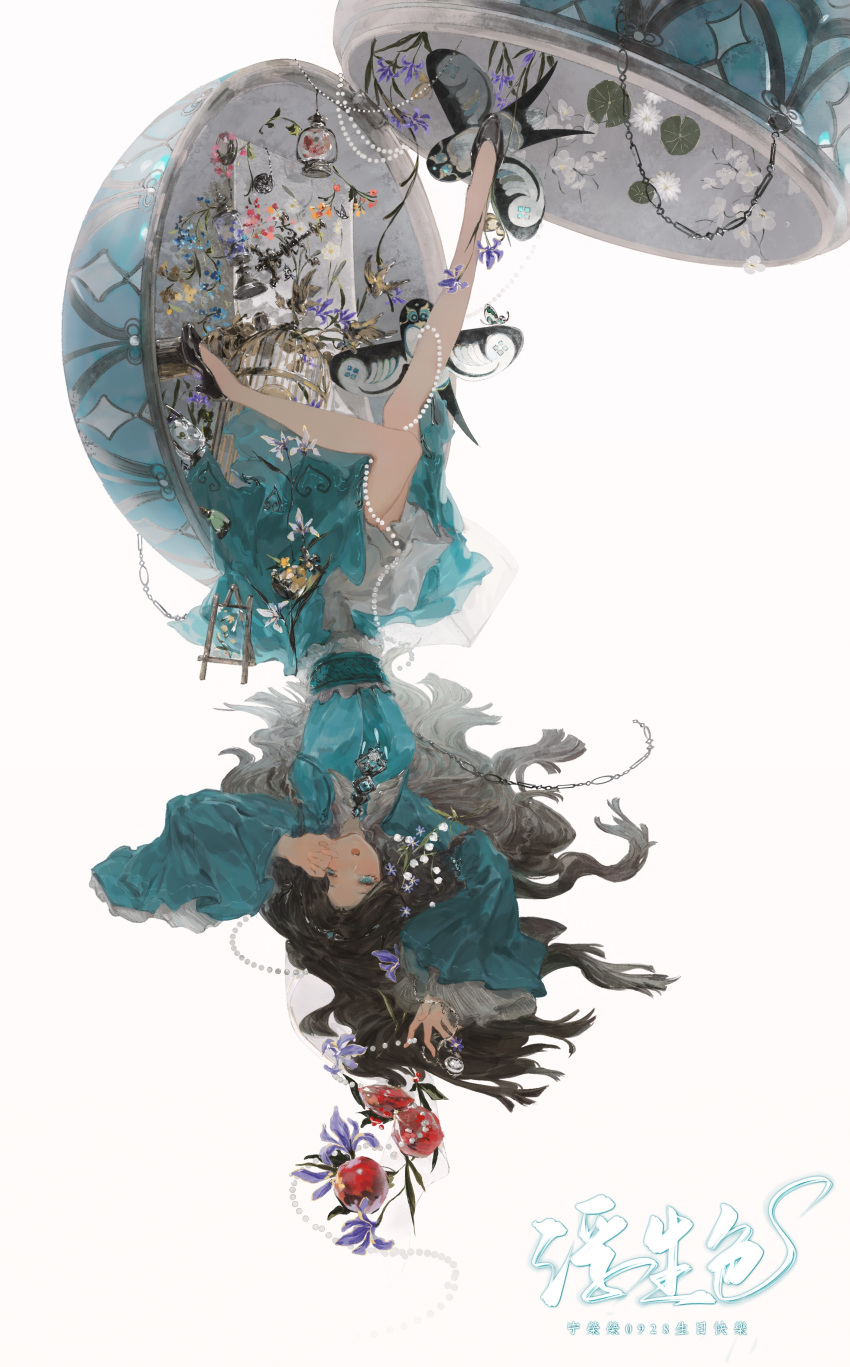 1girl absurdres bare_legs beads black_footwear blue_dress blue_eyes capsule dasu douluo_dalu dress falling flower frilled_sash full_body hand_up high_heels highres long_hair long_sleeves ning_rongrong_(douluo_dalu) open_mouth purple_flower sash second-party_source solo teeth tiara upper_teeth_only