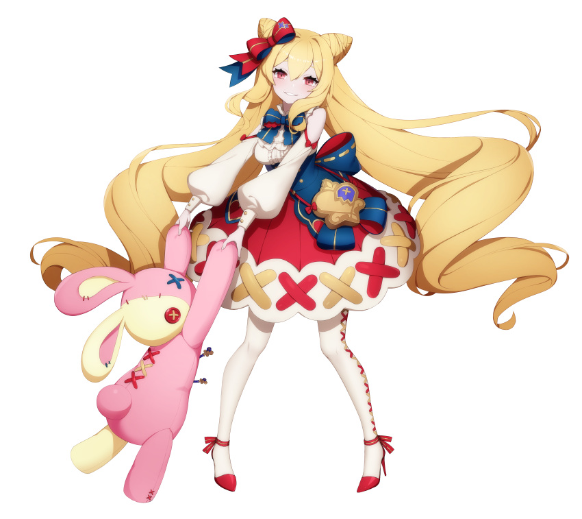 1girl absurdres blonde_hair blue_bow blush bow bowtie button_eyes clothing_cutout cross-laced_clothes eversoul game_cg garnet_(eversoul) grin hair_between_eyes hair_bow high_heels highres holding holding_stuffed_toy long_hair looking_at_viewer official_art red_bow red_eyes red_footwear red_skirt shirt shoulder_cutout skirt smile socks solo standing stiletto_heels stitches stuffed_animal stuffed_rabbit stuffed_toy tachi-e thighhighs third-party_source transparent_background twintails very_long_hair white_shirt white_socks
