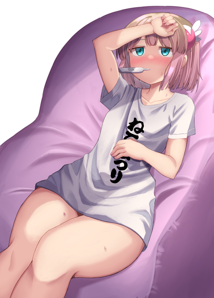 1girl absurdres aqua_eyes arm_above_head arm_up blunt_bangs breasts chiyoda_momo collarbone couch curvy eyebrows_hidden_by_hair fingernails hair_ornament hand_on_own_stomach highres kajitsu_no_hito legs_together lying machikado_mazoku on_back on_couch pink_hair shirt short_hair short_sleeves sick simple_background small_breasts solo sweat thermometer thighs white_background white_shirt
