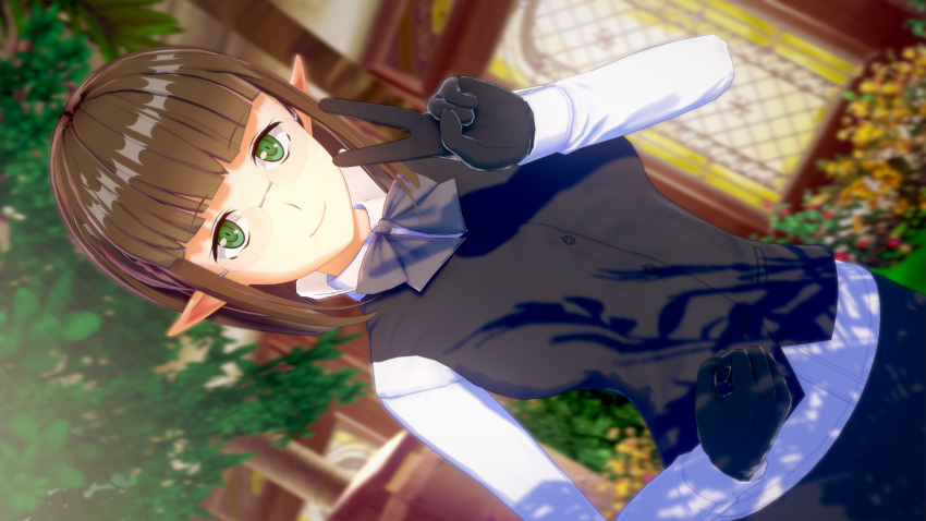 bow bowtie brown_hair buttons clenched_hand dungeon_ni_deai_wo_motomeru_no_wa_machigatteiru_darou_ka eina_tulle elf flower glasses green_eyes highres koikatsu_(medium) leaf long_sleeves lunem0on pants pointy_ears short_hair smile tree undershirt v vest