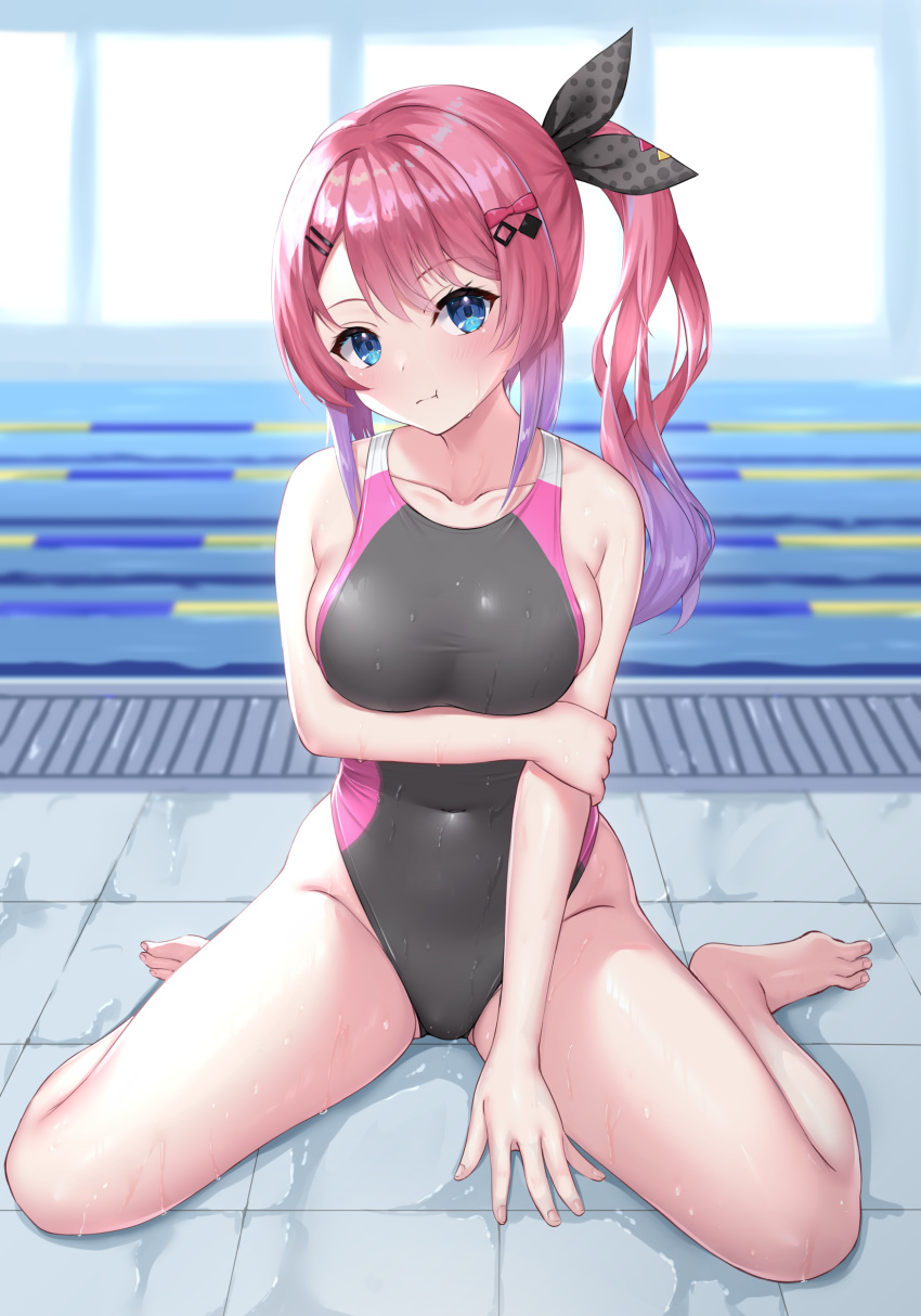 1girl absurdres barefoot black_one-piece_swimsuit blue_eyes breasts commentary_request commission competition_swimsuit full_body gradient_hair hair_ribbon highres idios kuramochi_meruto lane_line looking_at_viewer medium_breasts multicolored_clothes multicolored_hair multicolored_swimsuit ncontrail_(mgax7527) nijisanji one-piece_swimsuit pink_hair pool purple_hair ribbon side_ponytail sitting skeb_commission solo swimsuit tile_floor tiles virtual_youtuber wariza wet wet_clothes wet_swimsuit