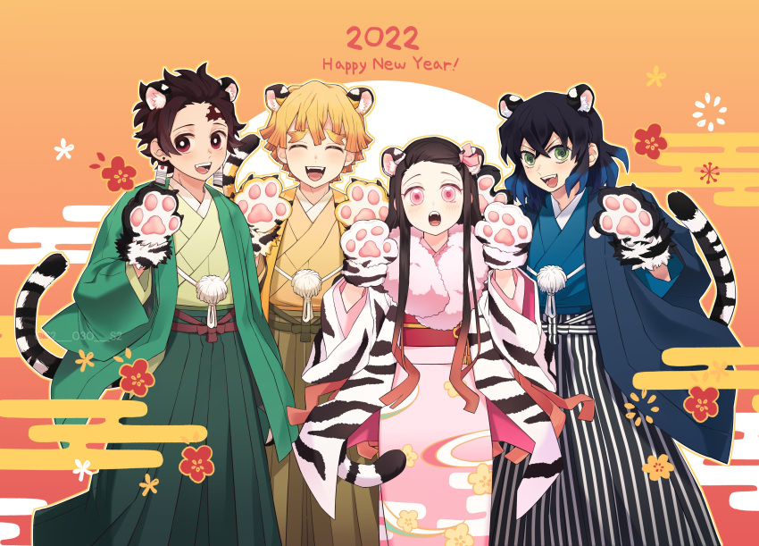 1girl 2022 3boys absurdres agatsuma_zenitsu animal_ears animal_hands black_hair blonde_hair blue_hair blue_kimono brown_hair closed_eyes earrings fur_trim green_kimono hair_ribbon haori happy_new_year hashibira_inosuke highres japanese_clothes jewelry kamado_nezuko kamado_tanjirou kimetsu_no_yaiba kimono long_hair long_sleeves multicolored_hair multiple_boys open_mouth pink_eyes red_eyes ribbon scar scar_on_face scar_on_forehead shimya tail tiger_ears tiger_tail yellow_kimono