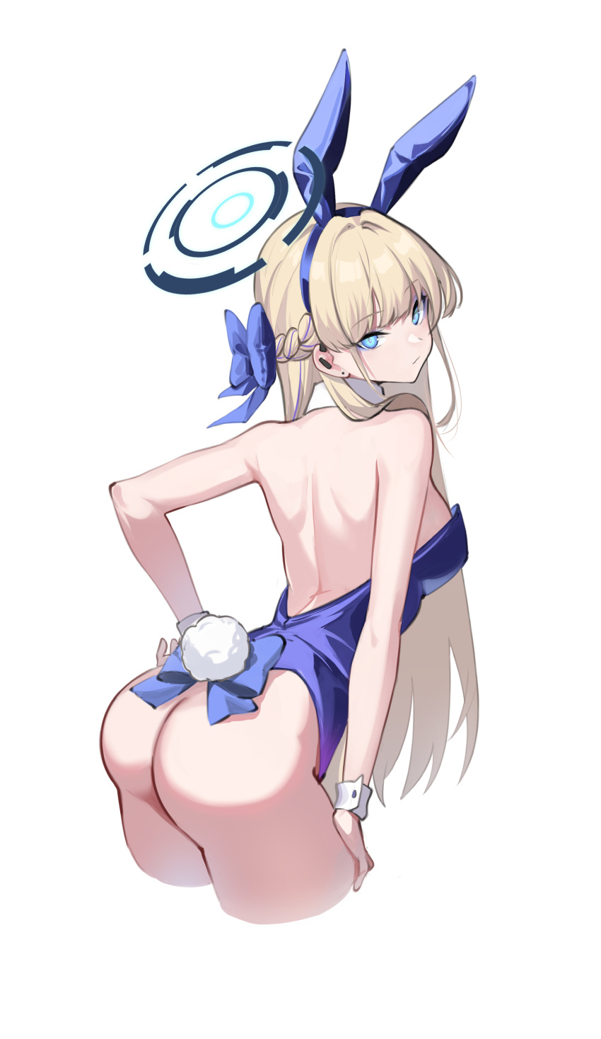 1girl absurdres animal_ears ass back bare_shoulders blonde_hair blue_archive blue_eyes blue_leotard braid breasts detached_collar earpiece fake_animal_ears fake_tail french_braid hair_ribbon highleg highleg_leotard highres leotard long_hair looking_at_viewer looking_back medium_breasts official_alternate_costume playboy_bunny rabbit_ears rabbit_tail ribbon solo spider_apple strapless strapless_leotard tail thighhighs thighs toki_(blue_archive) toki_(bunny)_(blue_archive) very_long_hair wrist_cuffs
