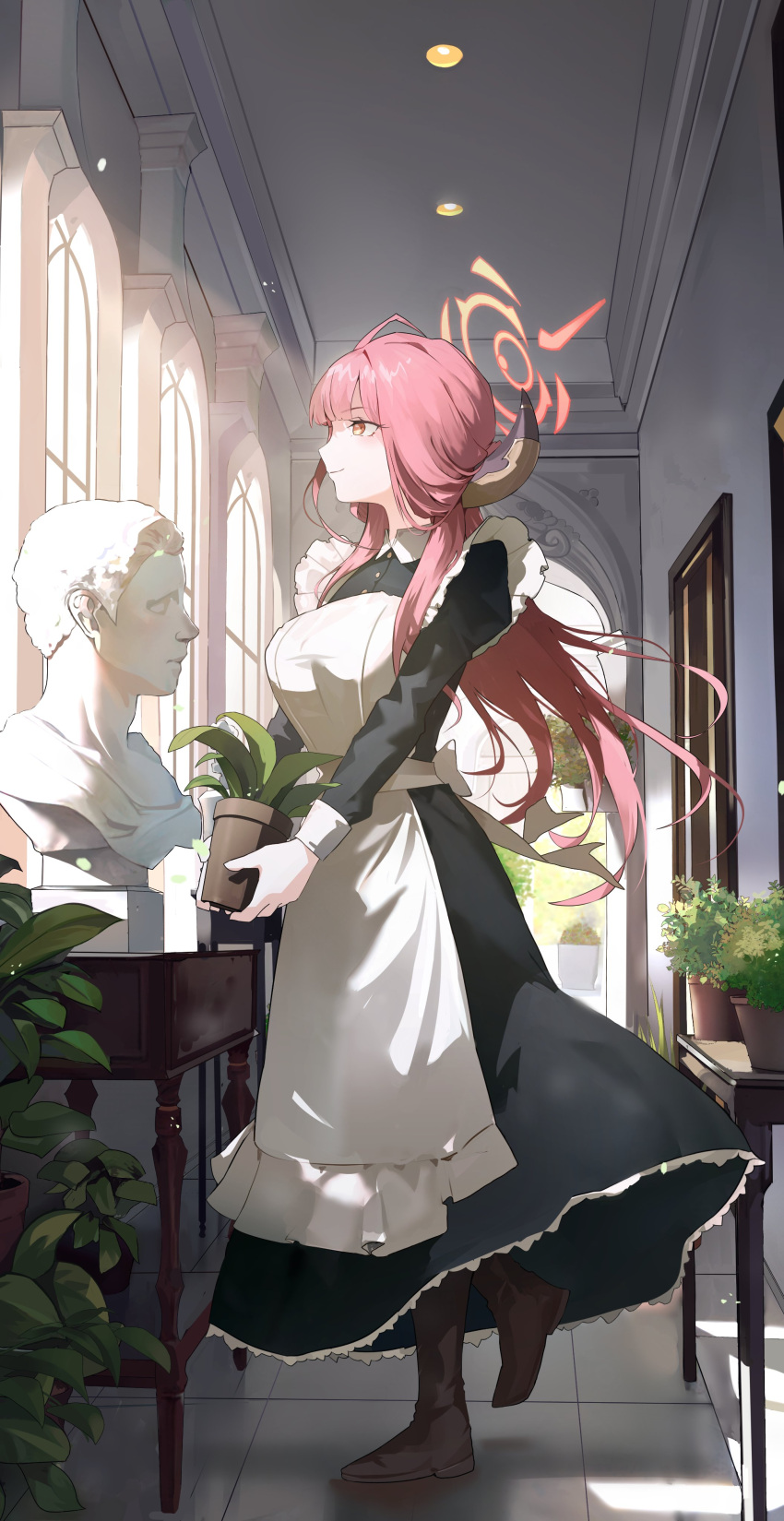 1girl absurdres alternate_costume apron aru_(blue_archive) black_dress black_footwear blue_archive boots breasts bust_(sculpture) closed_mouth demon_horns dress enmaided full_body halo highres holding holding_plant horns indoors juliet_sleeves long_hair long_sleeves looking_afar maid maid_apron medium_breasts pink_hair plant puffy_sleeves ryeon_(bluetom1) sculpture smile solo white_apron yellow_eyes