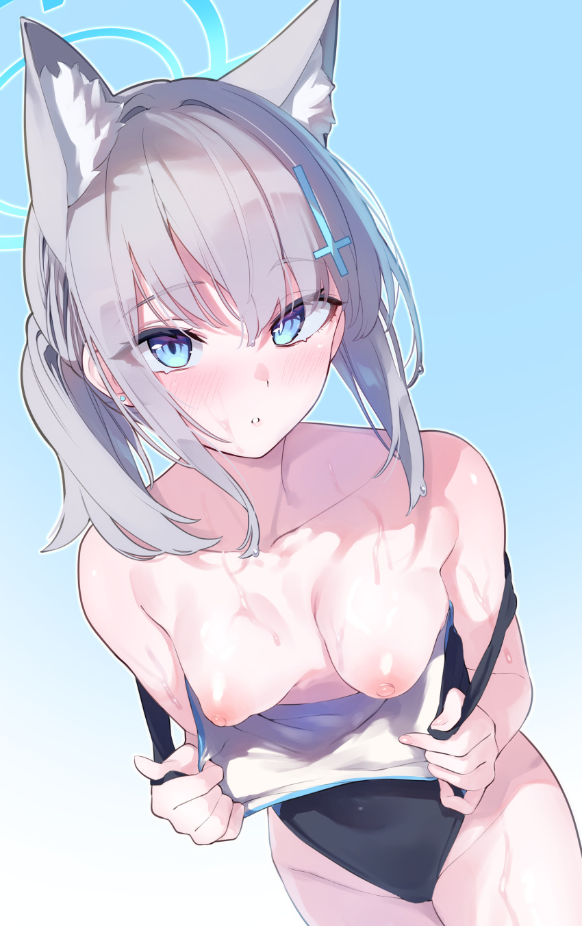 1girl :o absurdres animal_ear_fluff animal_ears blue_archive blush breasts breasts_apart collarbone competition_swimsuit covered_navel cross_hair_ornament gradient_background grey_hair hair_ornament halo highres looking_at_viewer medium_breasts nipples official_alternate_costume one-piece_swimsuit pointy_breasts ponytail pulled_by_self shiroko_(blue_archive) shiroko_(swimsuit)_(blue_archive) sidelocks simple_background solo sutora_binsuke sweatdrop swimsuit wolf_ears
