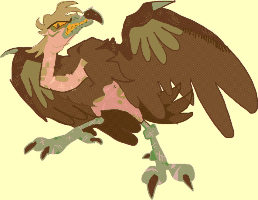 accipitriform ambiguous_gender avian beak bird brown_body brown_feathers clenched_teeth feathers feral green_beak green_talons guncht solo teeth vulture