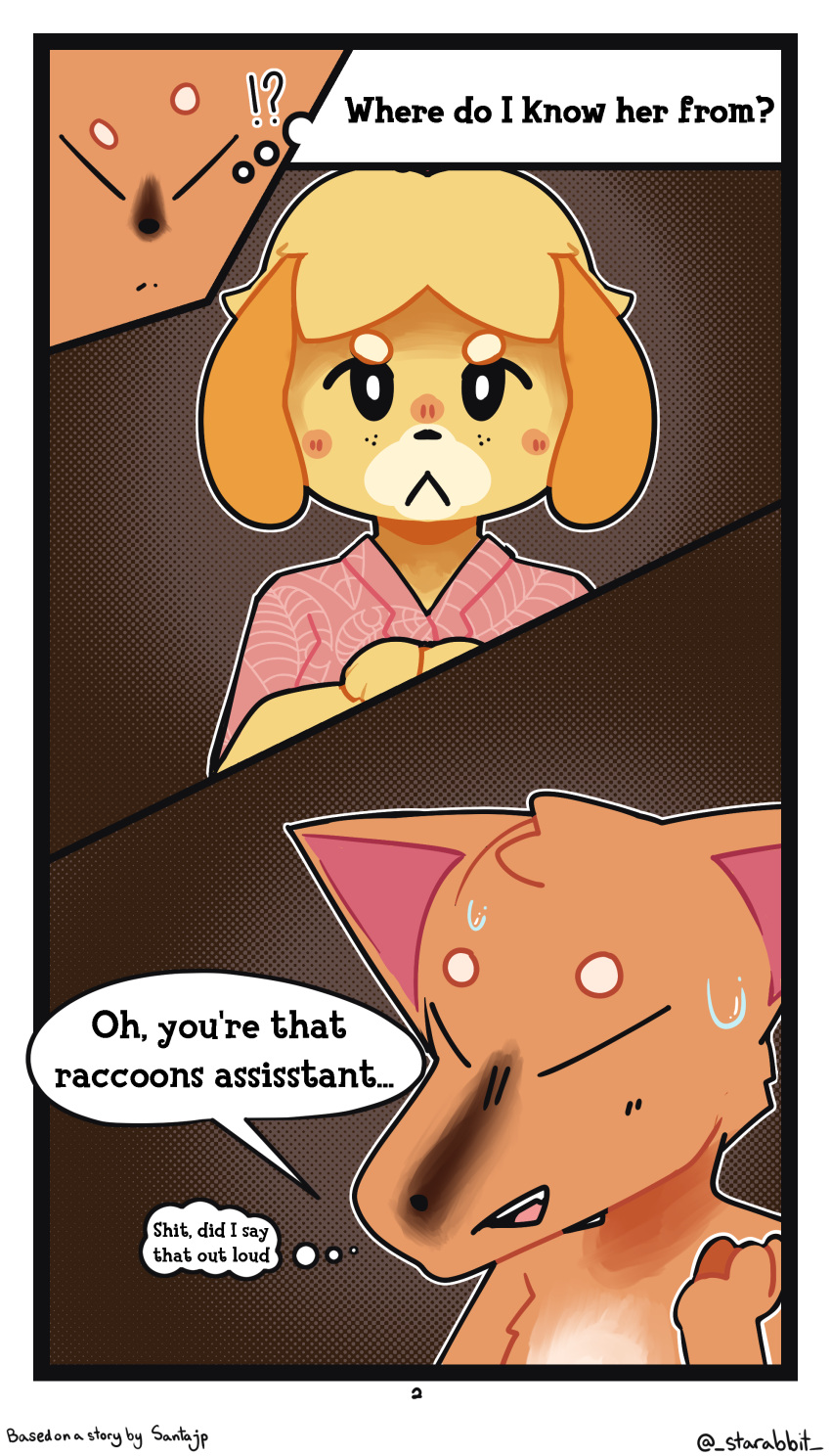 absurd_res animal_crossing anthro canid canine canis clothed clothing comic crazy_redd dialogue domestic_dog duo female fox halftone halftone_background hi_res isabelle_(animal_crossing) male mammal nintendo partially_clothed pattern_background simple_background starabbit