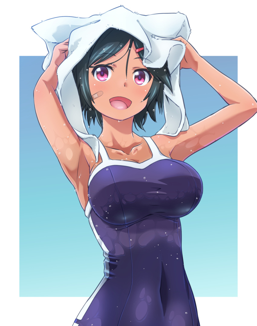 1girl bandaid bandaid_on_face black_hair blue_one-piece_swimsuit breasts collarbone competition_school_swimsuit covered_navel hair_ornament hairclip highres kusaba_(kusabashiki) large_breasts looking_at_viewer one-piece_swimsuit red_eyes school_swimsuit short_hair smile solo swimsuit tan towel towel_on_head tracen_swimsuit umamusume wet wet_clothes wet_swimsuit winning_ticket_(umamusume)