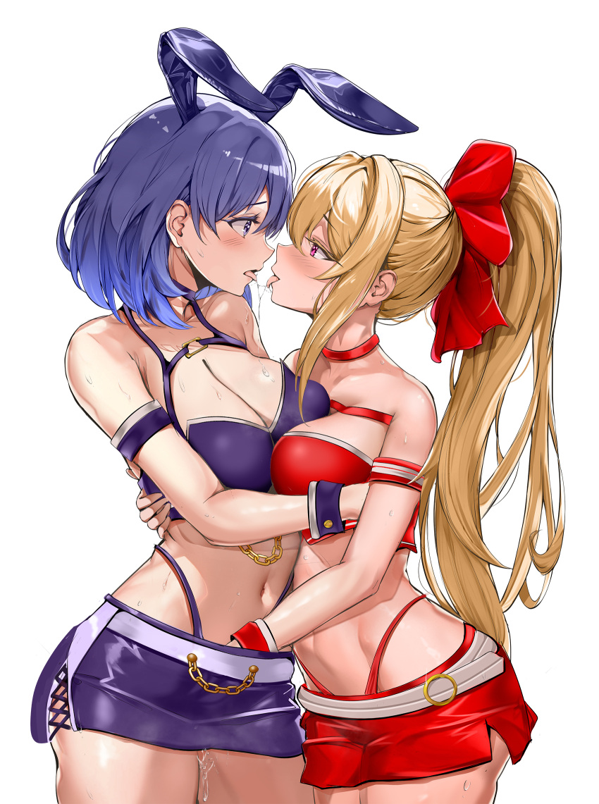 2girls after_kiss animal_ears arm_around_back armband bare_shoulders belt belt_chain blonde_hair bow breasts chain choker cleavage commentary_request cosplay cross-laced_slit crotch_grab fake_animal_ears gold_chain hair_bow hair_intakes highres hug kiss large_breasts long_hair looking_at_another medium_breasts multiple_girls navel o-ring o-ring_belt open_mouth original ponytail purple_eyes purple_hair purple_shorts pussy_juice red_armband red_bow red_choker red_shorts saliva saliva_trail short_hair shorts simple_background smile stomach t3x tongue tongue_out very_long_hair white_background yuri