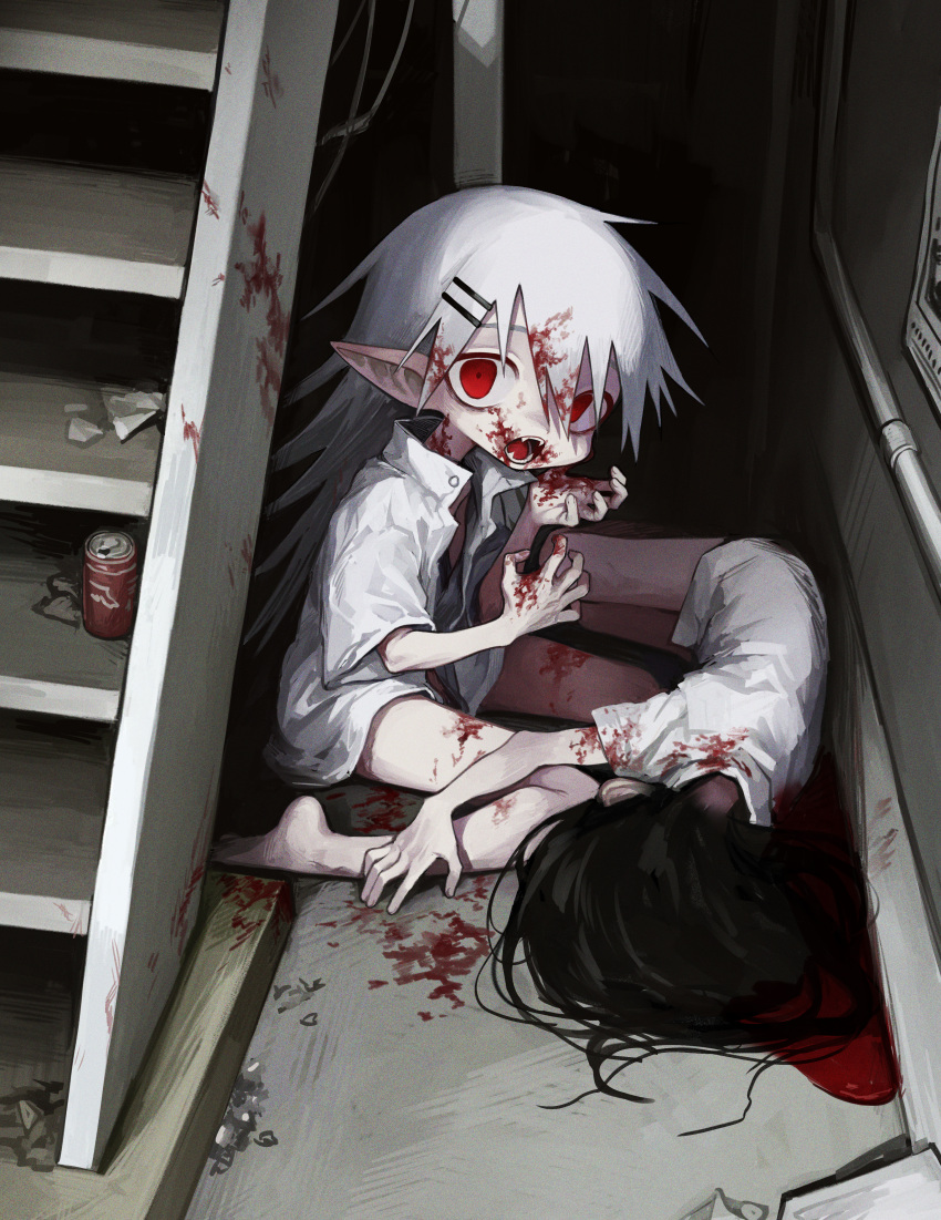 2girls absurdres bare_legs black_hair blood blood_in_hair blood_on_face blood_on_ground blood_on_hands can caught collared_shirt commission corpse dark death fangs full_body hair_ornament hairclip highres indoors industrial_pipe ishida_umi long_hair looking_at_viewer multiple_girls on_floor open_clothes open_shirt original pointy_ears red_eyes shirt short_sleeves sitting skeb_commission soda_can stairs vampire wariza white_hair white_shirt