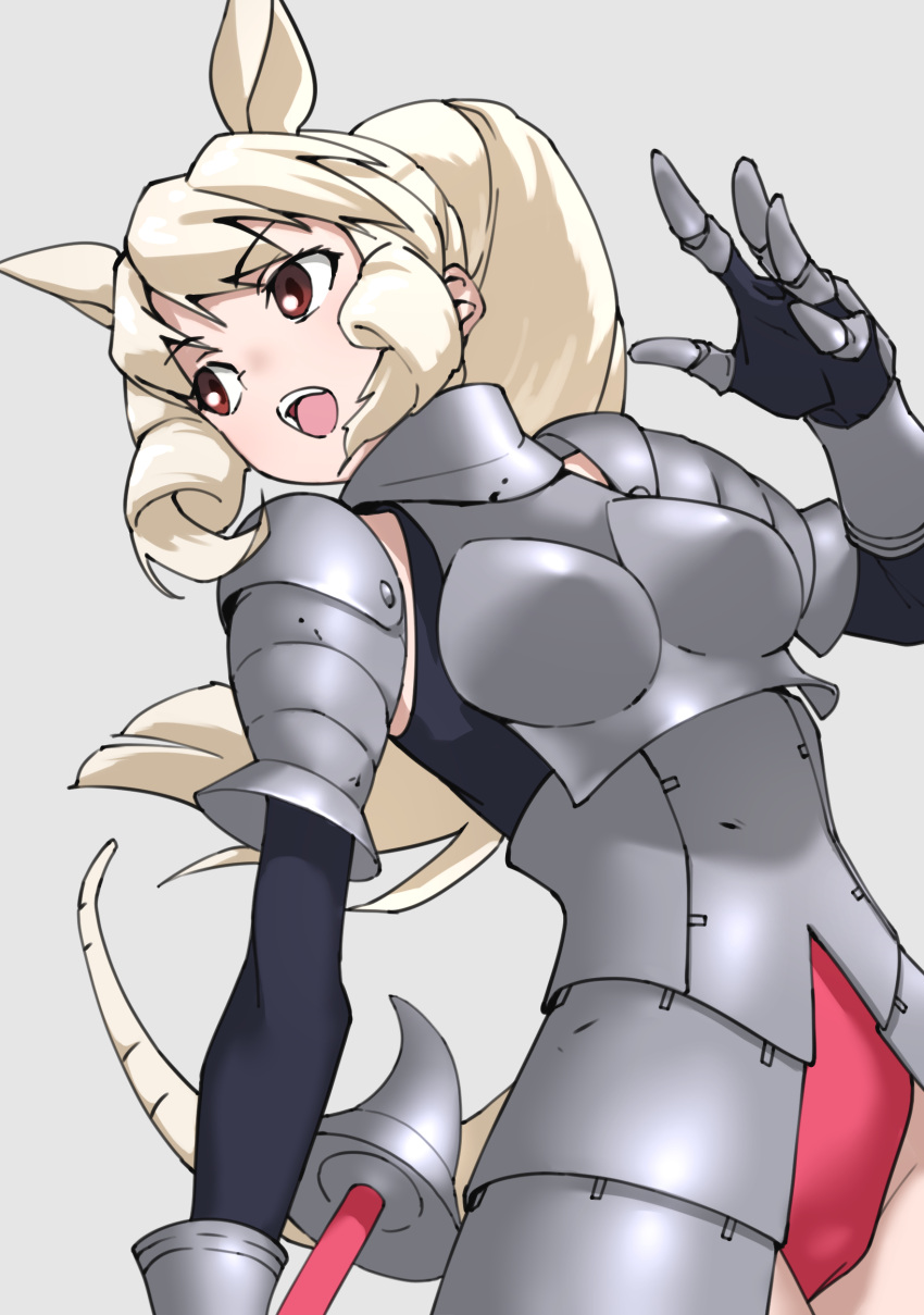 1girl absurdres animal_ears armor black_gloves blonde_hair boobplate breastplate breasts brown_eyes commentary elbow_gloves faulds gauntlets gloves gorget grey_background highres kemono_friends large_breasts leotard long_hair longhorn_lance looking_away looking_to_the_side open_mouth ponytail red_leotard rhinoceros_ears rhinoceros_girl shoulder_armor side_ponytail sidelocks simple_background solo tail tanabe_(fueisei) teeth upper_teeth_only weapon white_rhinoceros_(kemono_friends)