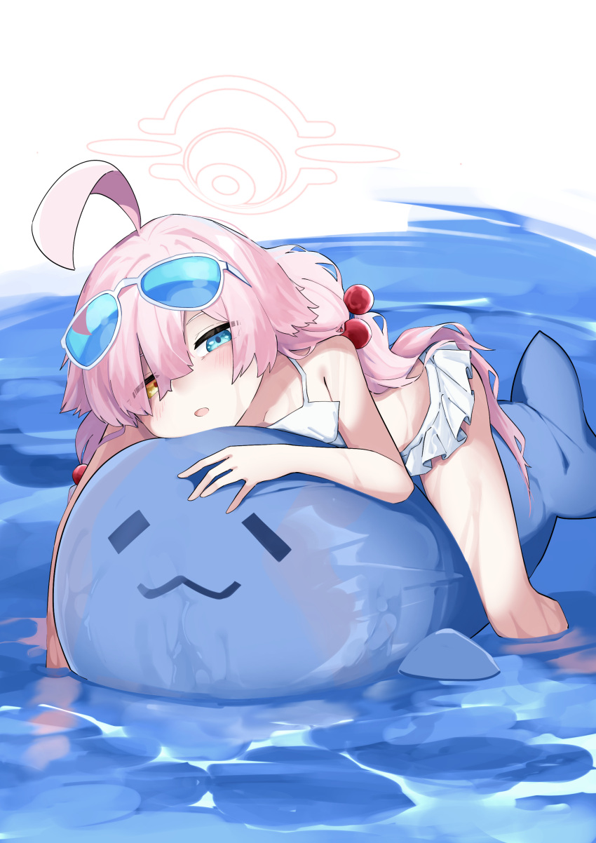 1girl :o absurdres ahoge beads bikini blue_archive eyewear_on_head frilled_bikini frills hair_beads hair_ornament halo heterochromia highres hoshino_(blue_archive) hoshino_(swimsuit)_(blue_archive) inflatable_orca inflatable_toy looking_at_viewer pink_hair refraction solo swimsuit tinted_eyewear vivo_(vivo_sun_0222) white_bikini