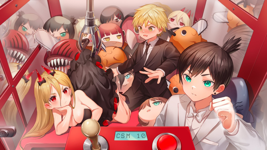 1girl 2boys :3 aged_down alternate_breast_size beam_(chainsaw_man) black_bow black_dress black_hair black_jacket black_necktie black_pants blonde_hair blue_eyes blush bow bowtie breasts chainsaw chainsaw_man character_doll closed_eyes collared_shirt crane_game cross-shaped_pupils denji_(chainsaw_man) dress earrings elbow_rest frilled_dress frills hair_between_eyes hayakawa_aki head_rest higashiyama_kobeni highres horn_bow horn_ornament horns jacket jewelry kiunchiku large_breasts long_hair looking_at_another looking_at_viewer lying makima_(chainsaw_man) multiple_boys necktie on_side open_mouth pants pochita_(chainsaw_man) power_(chainsaw_man) red_horns reze_(chainsaw_man) ringed_eyes sharp_teeth shirt shirt_tucked_in short_hair smile stud_earrings suit suit_jacket symbol-shaped_pupils teeth topknot violence_fiend_(chainsaw_man) white_bow white_bowtie white_jacket white_shirt yellow_eyes