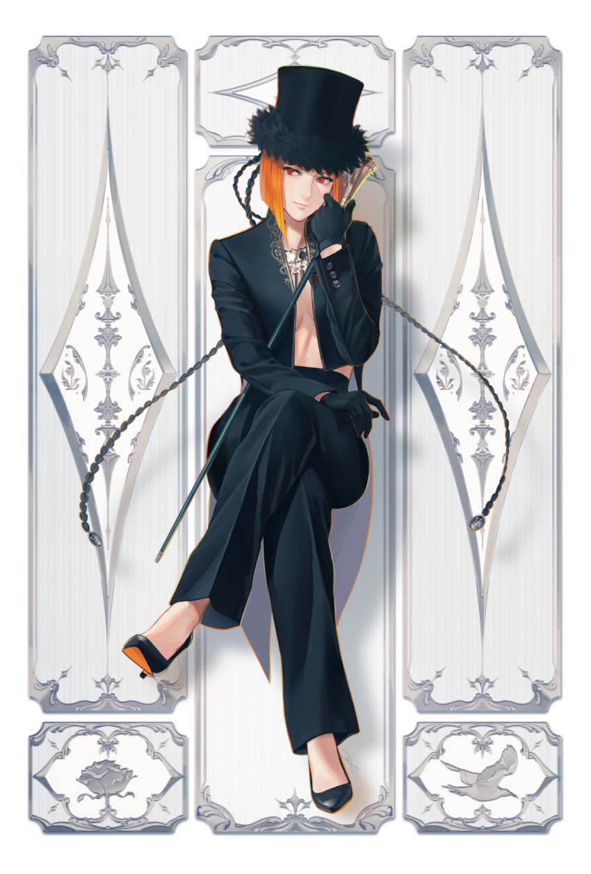 1girl black_coat black_gloves black_headwear black_pants bob_cut breasts closed_mouth coat crossed_legs fur-trimmed_headwear gloves hat high_heels highres jewelry long_sleeves necklace open_clothes open_coat orange_hair original pants red_eyes short_hair small_breasts smile solo suda_ayaka top_hat