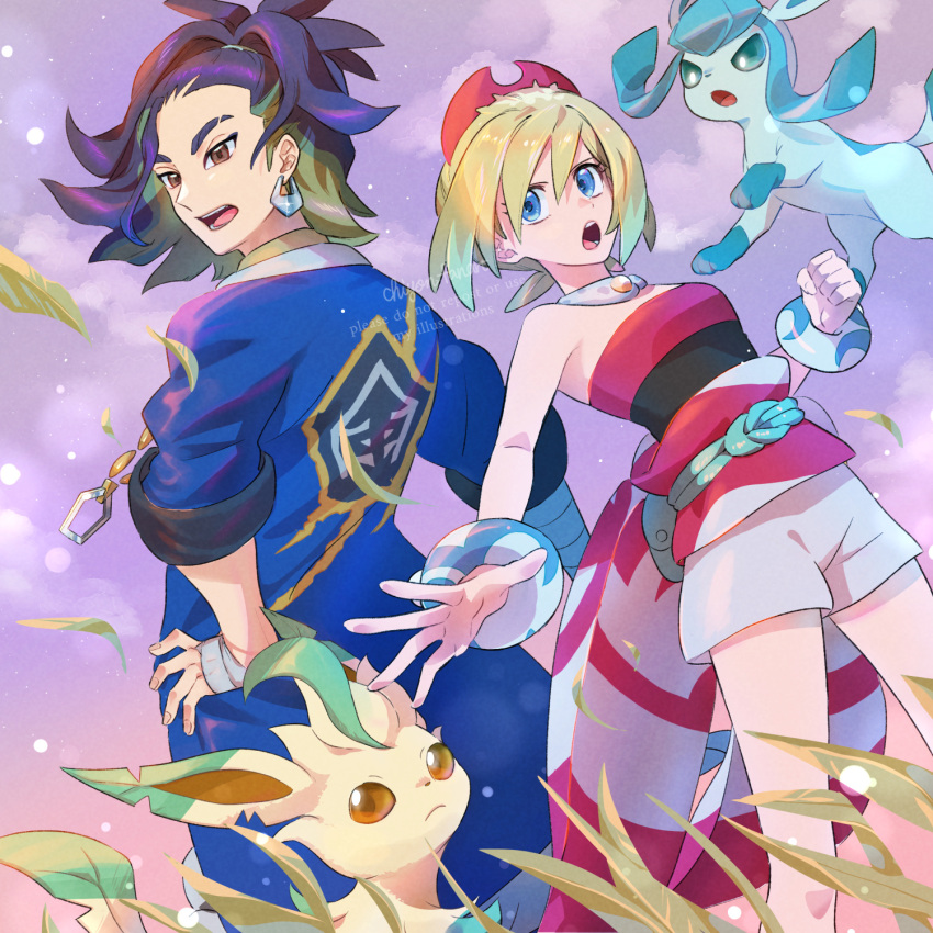 1boy 1girl :o adaman_(pokemon) blonde_hair blue_coat blue_eyes bracelet brown_eyes chon_chiyon clenched_hand cloud coat collar commentary_request day earrings eyebrow_cut eyelashes falling_leaves glaceon green_bag hair_between_eyes hairband hand_on_own_hip hand_wraps highres irida_(pokemon) jewelry leaf leafeon medium_hair open_mouth outdoors pokemon pokemon_(creature) pokemon_(game) pokemon_masters_ex ponytail sash shirt shorts sky spread_fingers standing strapless strapless_shirt teeth tongue waist_cape watermark white_shorts