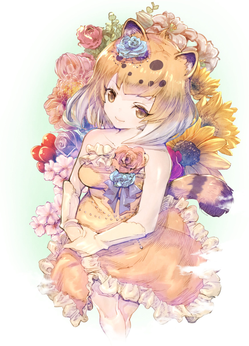 1girl absurdres animal_ears bare_shoulders dress flower frilled_dress frills from_above gloves hair_flower hair_ornament highres jaguar_(kemono_friends) jaguar_ears jaguar_girl jaguar_tail kemono_friends kemono_friends_3 multicolored_hair official_alternate_costume orange_dress orange_eyes orange_hair rose short_hair sleeveless smile solo tail usapenpen2019 white_gloves white_hair