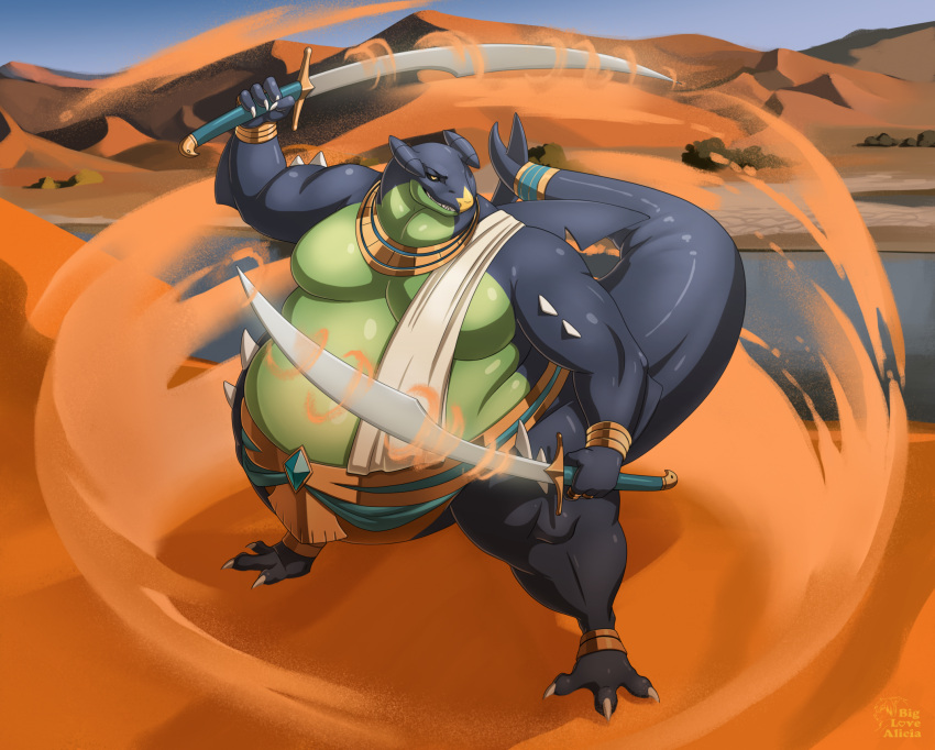 2023 anthro belly big_tail biglovealicia blue_body bracelet cel_shading claws clothed clothing desert detailed_background fin garchomp generation_4_pokemon green_belly hi_res huge_belly jewelry light looking_at_viewer male melee_weapon moobs morbidly_obese morbidly_obese_male necklace nintendo oasis obese obese_male outside overweight overweight_male pokemon pokemon_(species) saber sand shaded signature smile solo sun sunlight sword tail tail_fin thick_arms thick_thighs weapon yellow_eyes