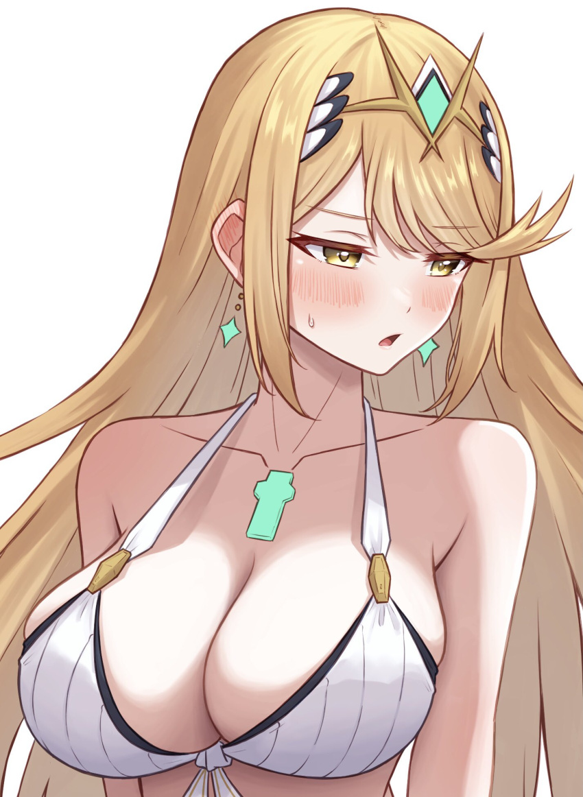 1girl alternate_costume bare_shoulders bikini blonde_hair blush breast_focus breasts chest_jewel cleavage commentary_request earrings headpiece highres jewelry large_breasts long_hair looking_to_the_side mythra_(xenoblade) open_mouth solo sweatdrop swept_bangs swimsuit taro_(peach_taro51) tiara tsundere upper_body very_long_hair xenoblade_chronicles_(series) xenoblade_chronicles_2 yellow_eyes