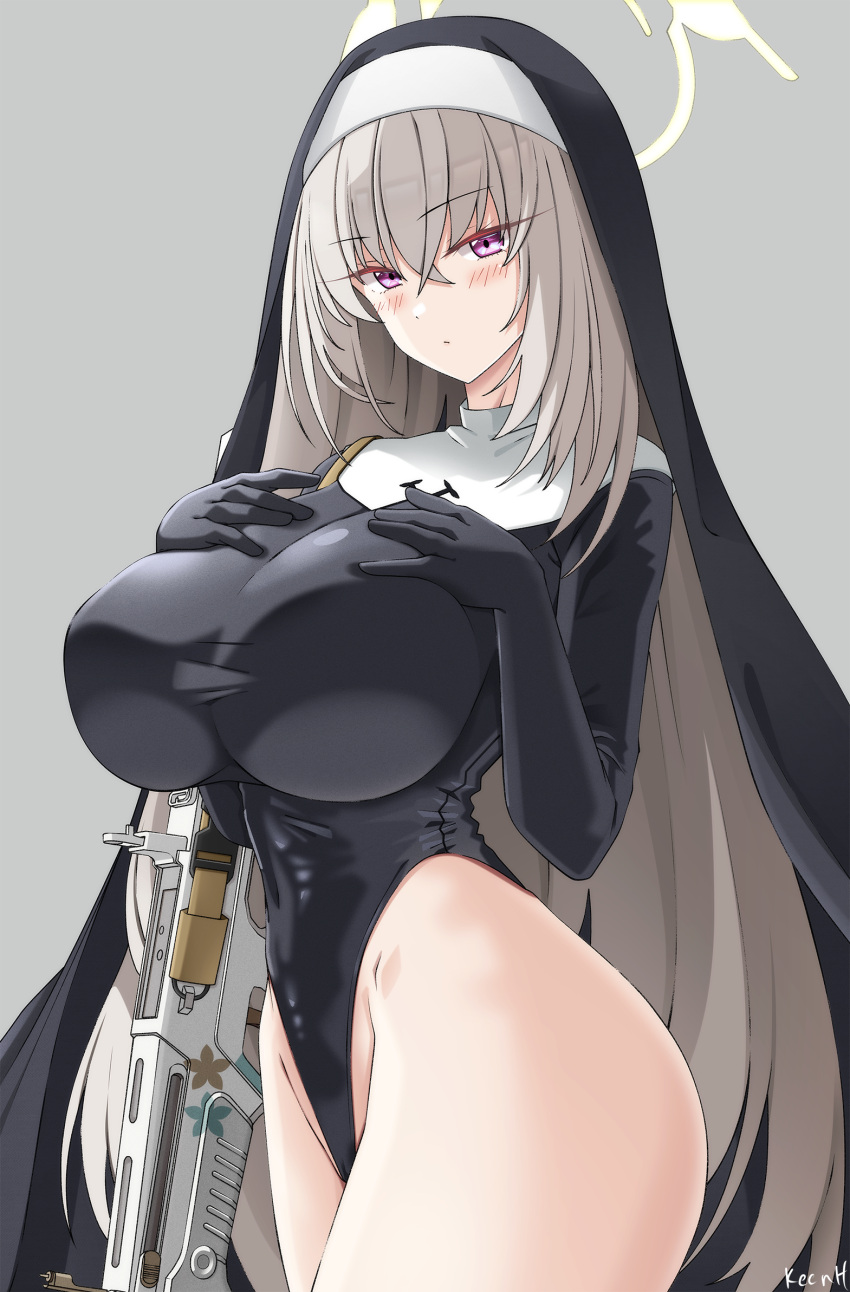 1girl artist_name black_gloves blonde_hair blue_archive breast_suppress breasts covered_navel cowboy_shot expressionless gloves grey_background groin gun hair_between_eyes highleg highleg_leotard highres huge_breasts justina_follower_(blue_archive) keenh leotard long_hair looking_at_viewer nun pink_eyes rifle sakurako_(blue_archive) simple_background skin_tight solo thighs very_long_hair weapon