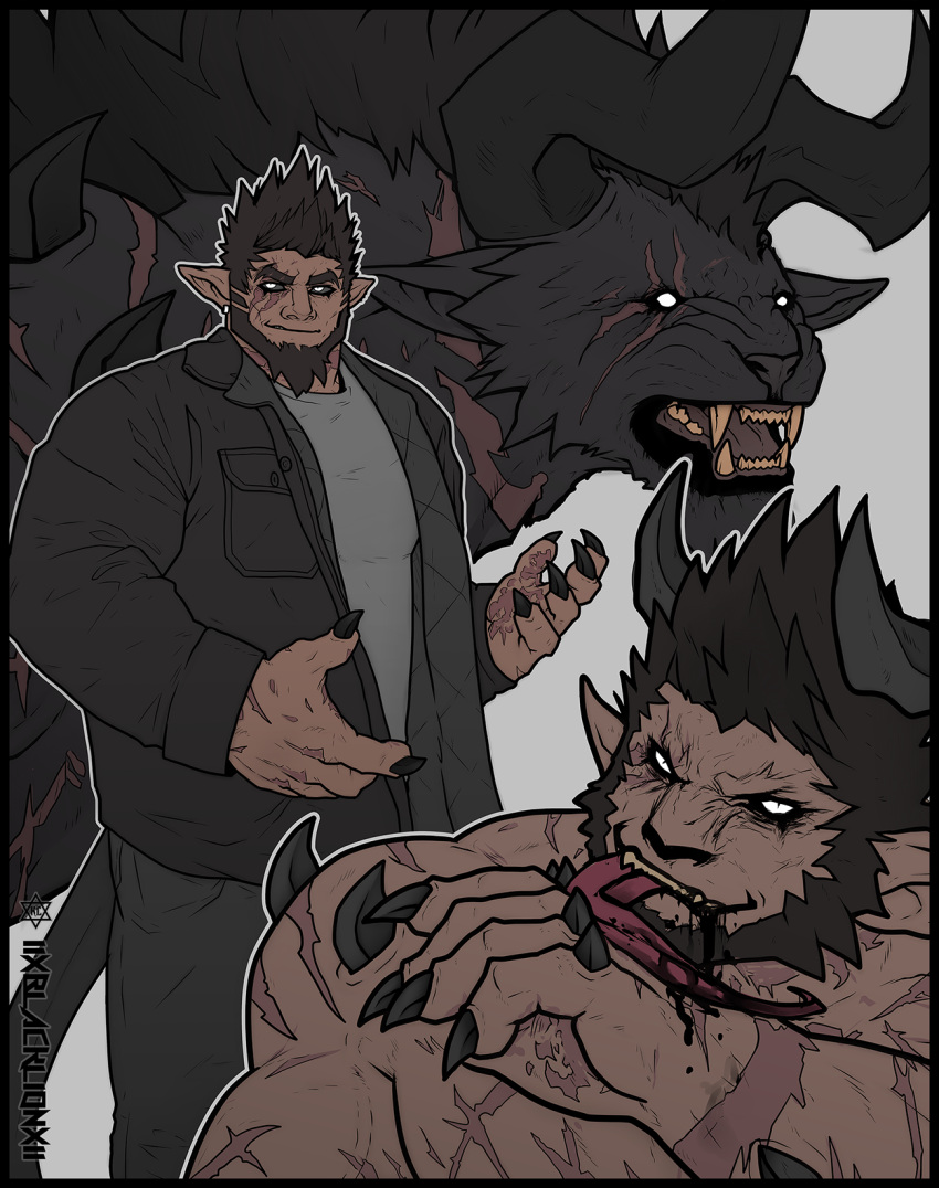 1boy bara bear beard black_sclera black_theme brusi_(iixblacklionxii) collage colored_sclera dark-skinned_male dark_skin demon demon_boy demon_tail facial_hair feet_out_of_frame fingernails frown grin highres iixblacklionxii large_hands large_pectorals licking_blood long_tongue looking_at_viewer male_focus mature_male monsterification muscular muscular_male original pectorals pointy_ears progression scar scar_on_arm sharp_fingernails short_hair smile spot_color tail thick_eyebrows tongue transformation yellow_eyes