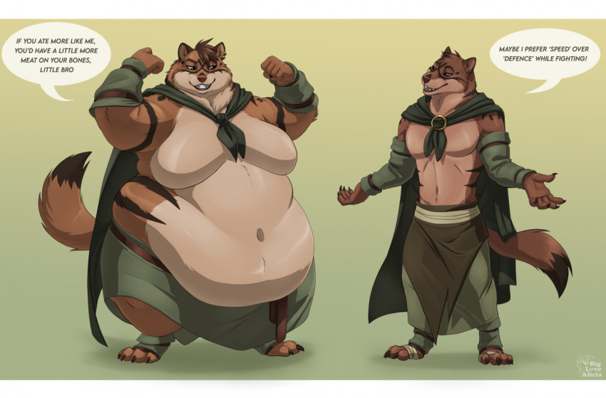 2021 anthro athdar baen_(nissandriver217) biglovealicia brown_body brown_fur clothing comparing digital_media_(artwork) digitigrade duo english_text fur huge_belly male mammal moobs mustelid signature simple_background size_difference smile speech_bubble text thick_arms thick_thighs