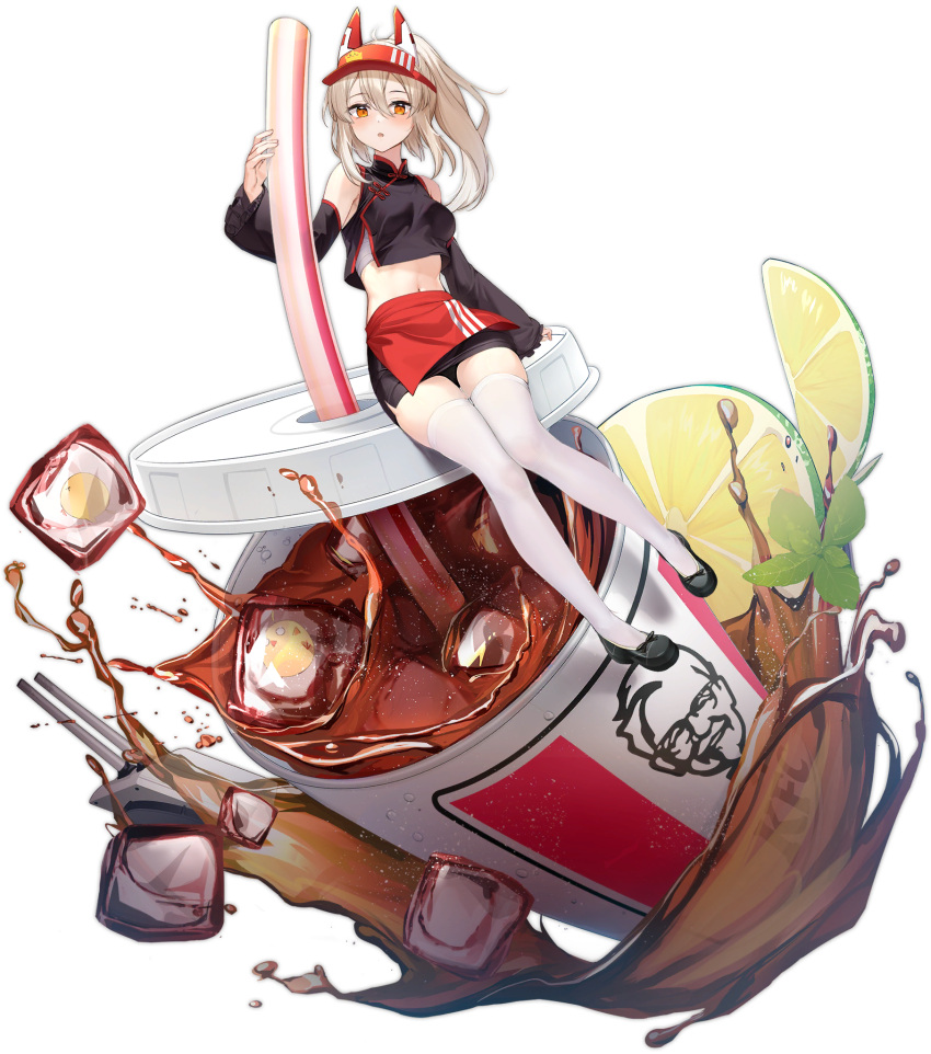 1girl ayanami_(azur_lane) ayanami_(cola_fills_you_with_determination)_(azur_lane) azur_lane bare_shoulders black_footwear commentary_request crop_top cup detached_sleeves disposable_cup drink drinking_straw highres ice ice_cube kaede_(yumesaki_kaede) kfc long_hair long_sleeves looking_at_viewer navel official_alternate_costume official_art orange_eyes ponytail red_headwear sidelocks simple_background sitting soda stomach thighhighs transparent_background white_hair white_thighhighs